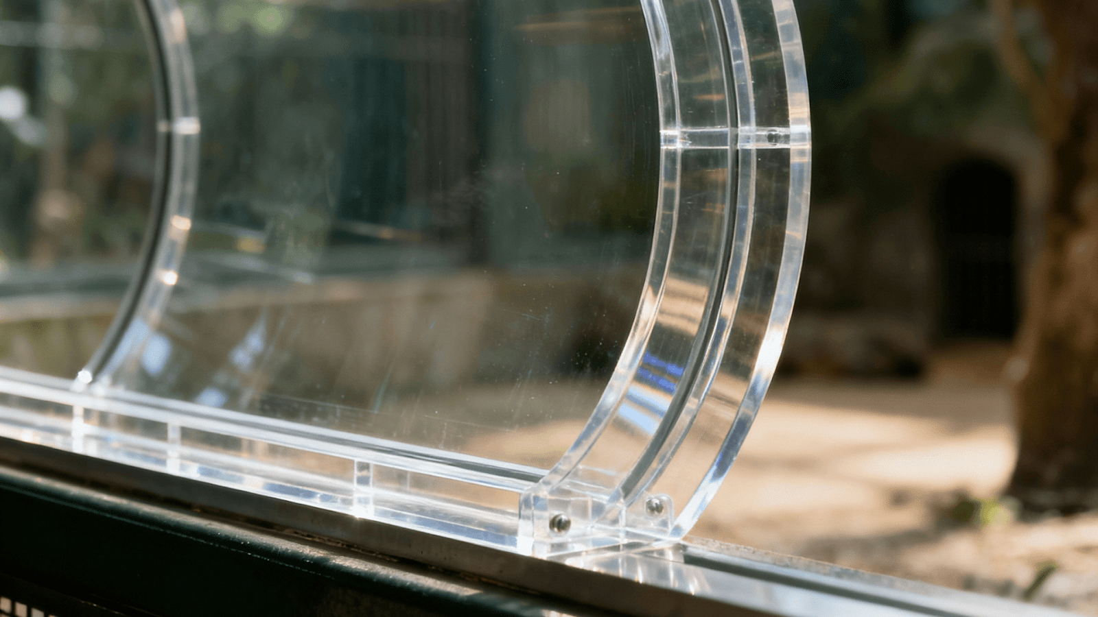 Curved cast acrylic zoo window showing exceptional clarity and impact strength
