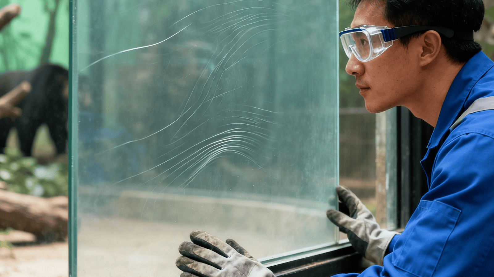 Engineer inspecting zoo window material for optical distortion and structural integrity
