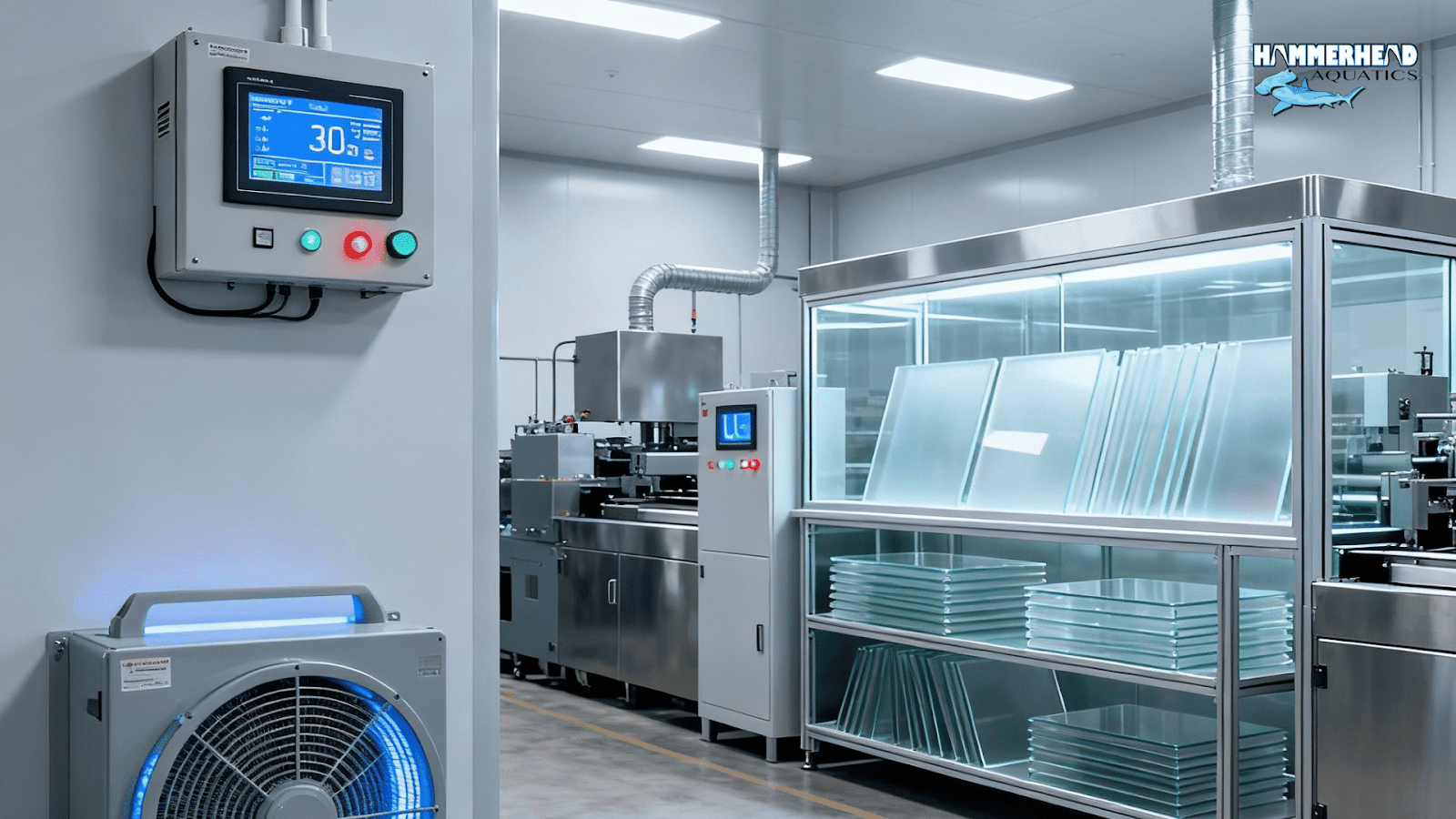 Controlled environment for acrylic bonding with temperature, humidity, and dust management.