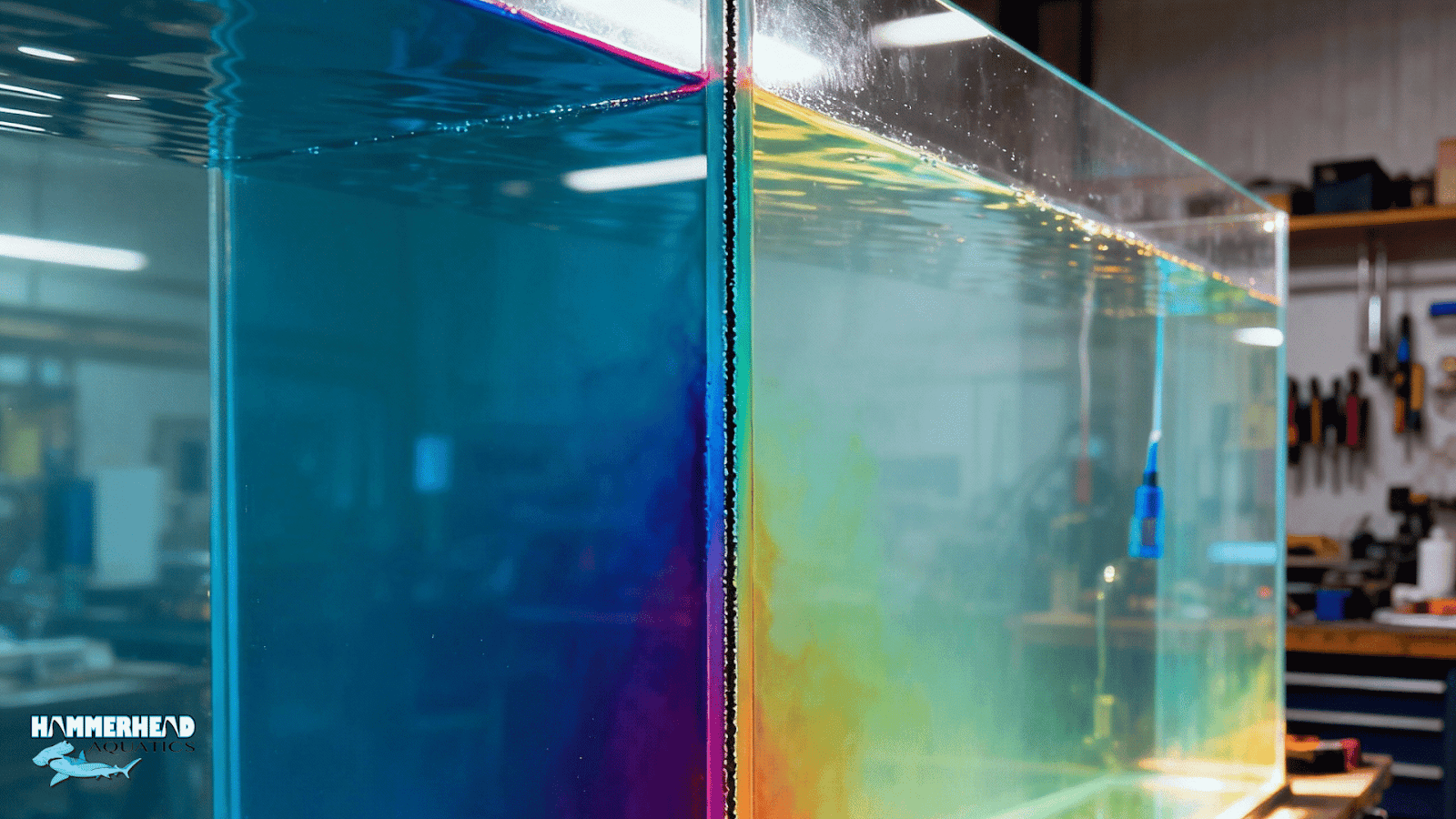 Gradual water pressure test and dye check along acrylic window seam before commissioning