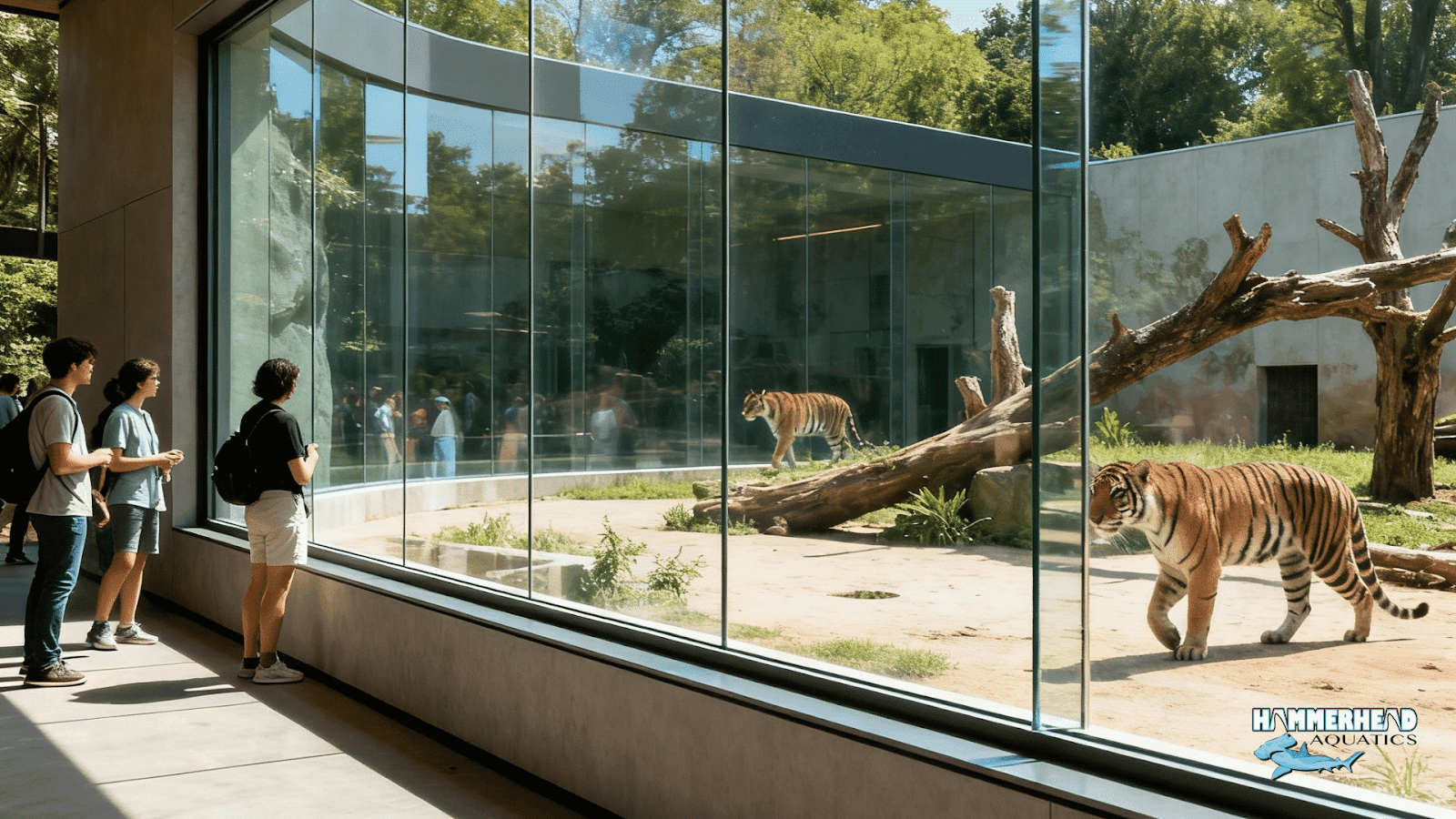Large anti-reflective low-iron zoo viewing window with minimal reflections and clear animal visibility.