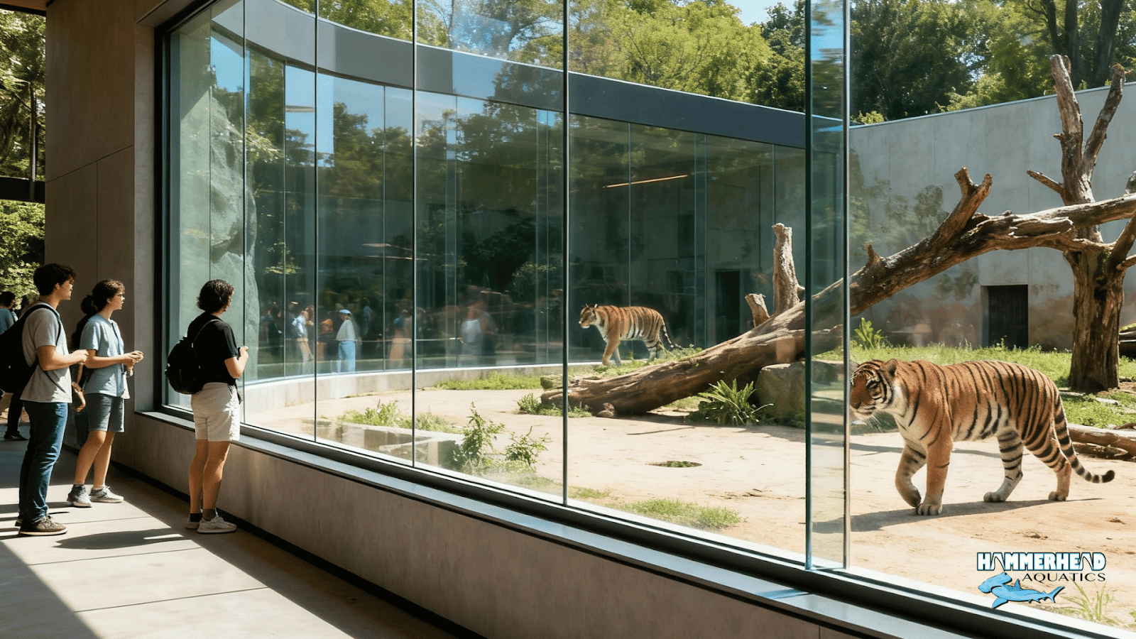  Large anti-reflective low-iron zoo viewing window with minimal reflections and clear animal visibility.