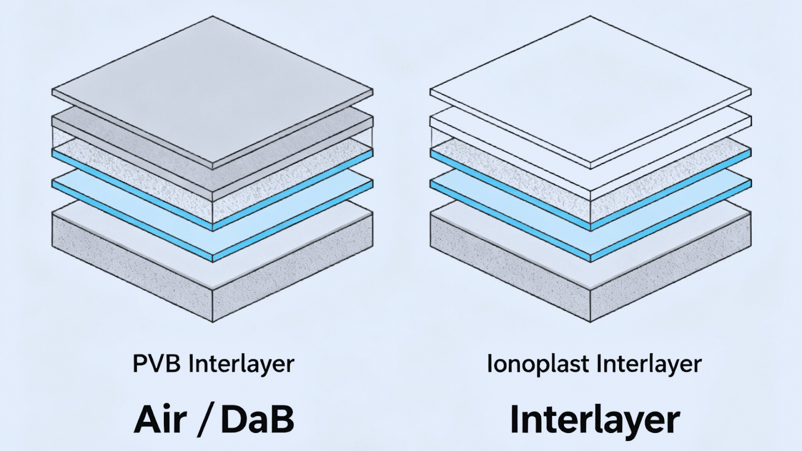 Acoustic laminated zoo glass comparison with PVB and ionoplast interlayers and STC reduction ranges.