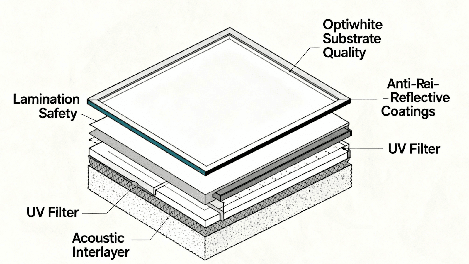  Zoo glass spec overview highlighting low-iron substrate, lamination, AR coating, UV filter, acoustic layers, and frame sealing.