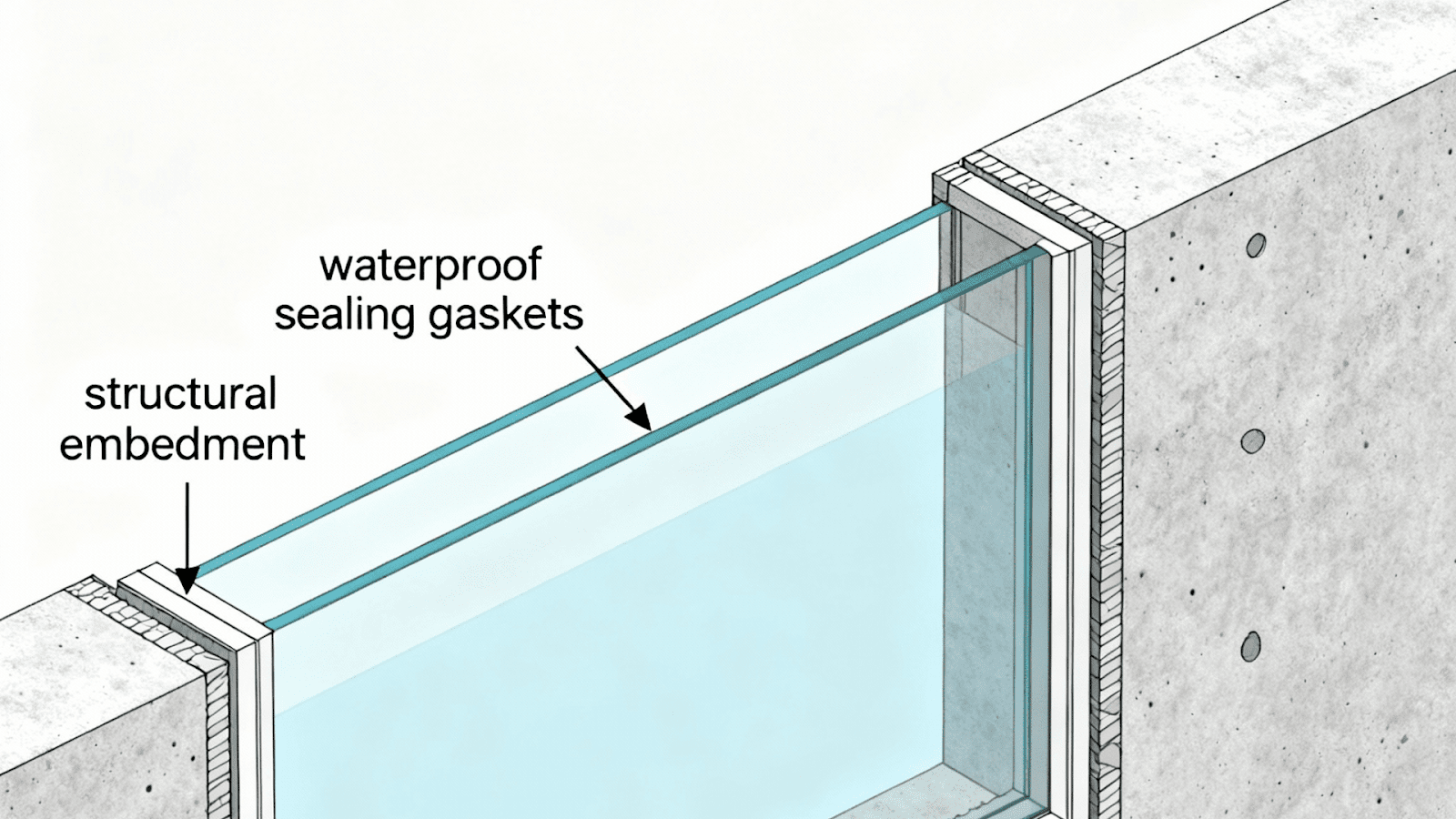 Diagram of an acrylic underwater window built into a swimming pool wall