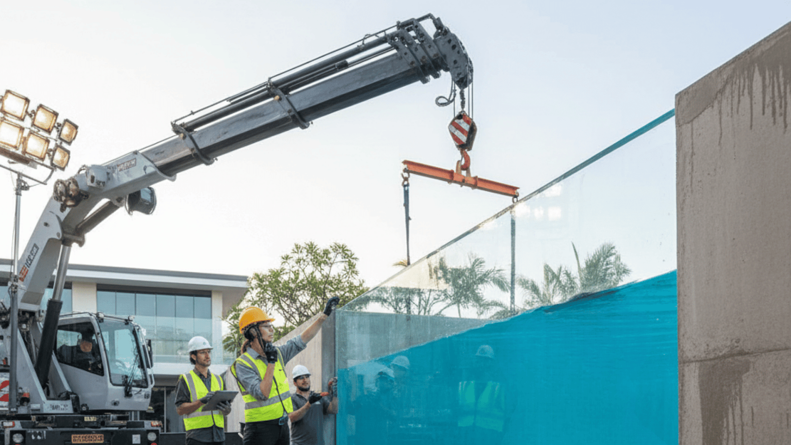 Team of engineers installing a large acrylic underwater pool window.