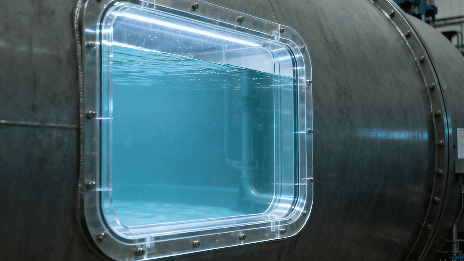Underwater inspection window inside a water treatment plant tank