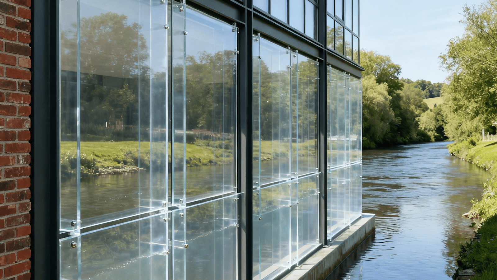 Flood barrier wall with reinforced underwater viewing window for protection