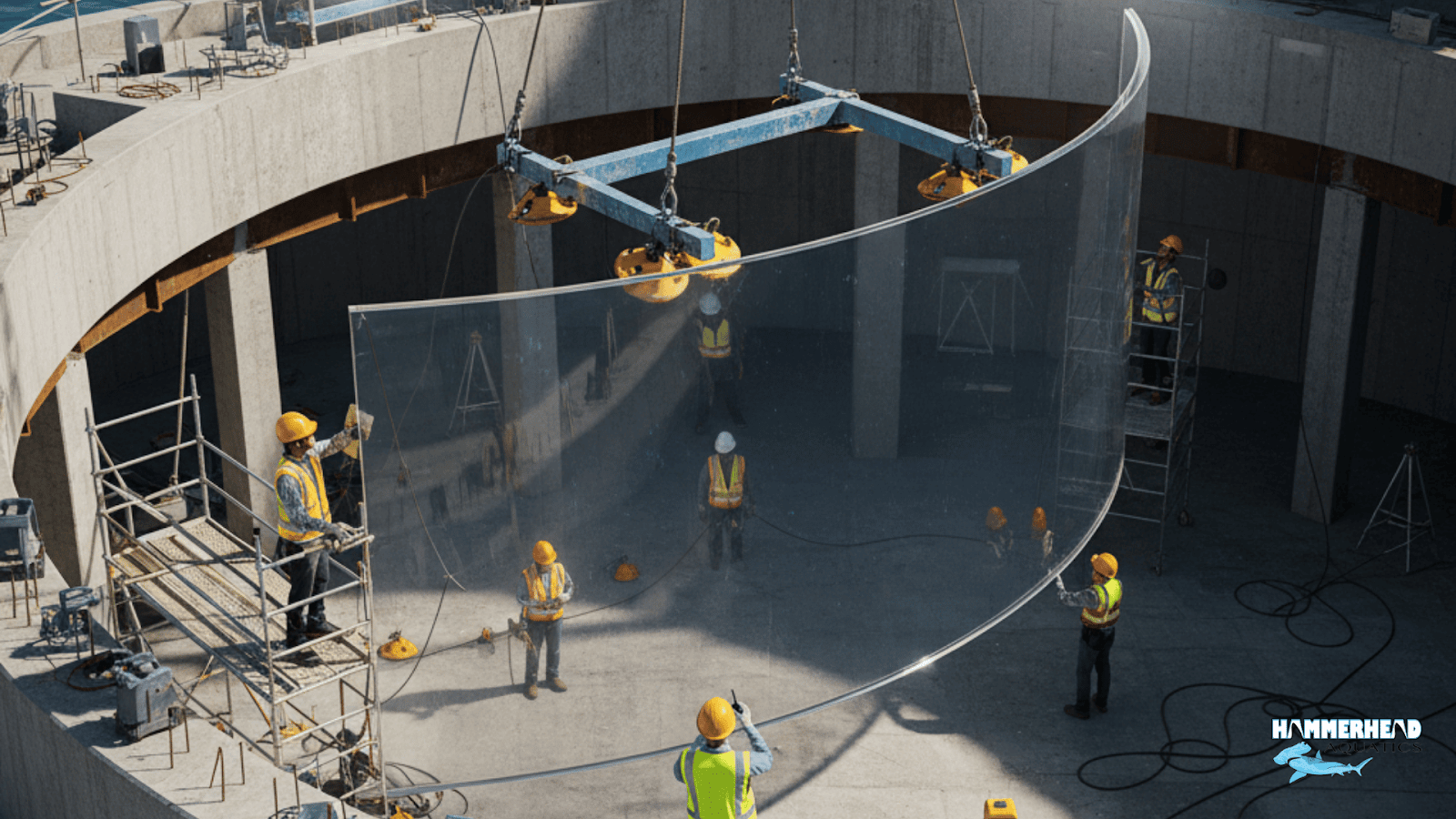 Specialist team installing an acrylic underwater window with reinforced frame.