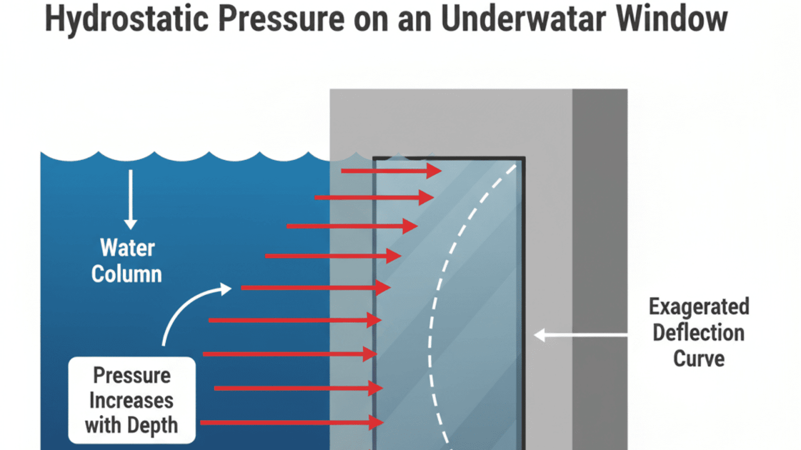 Hydrostatic pressure diagram showing acrylic panel flex under load versus brittle cracking in glass