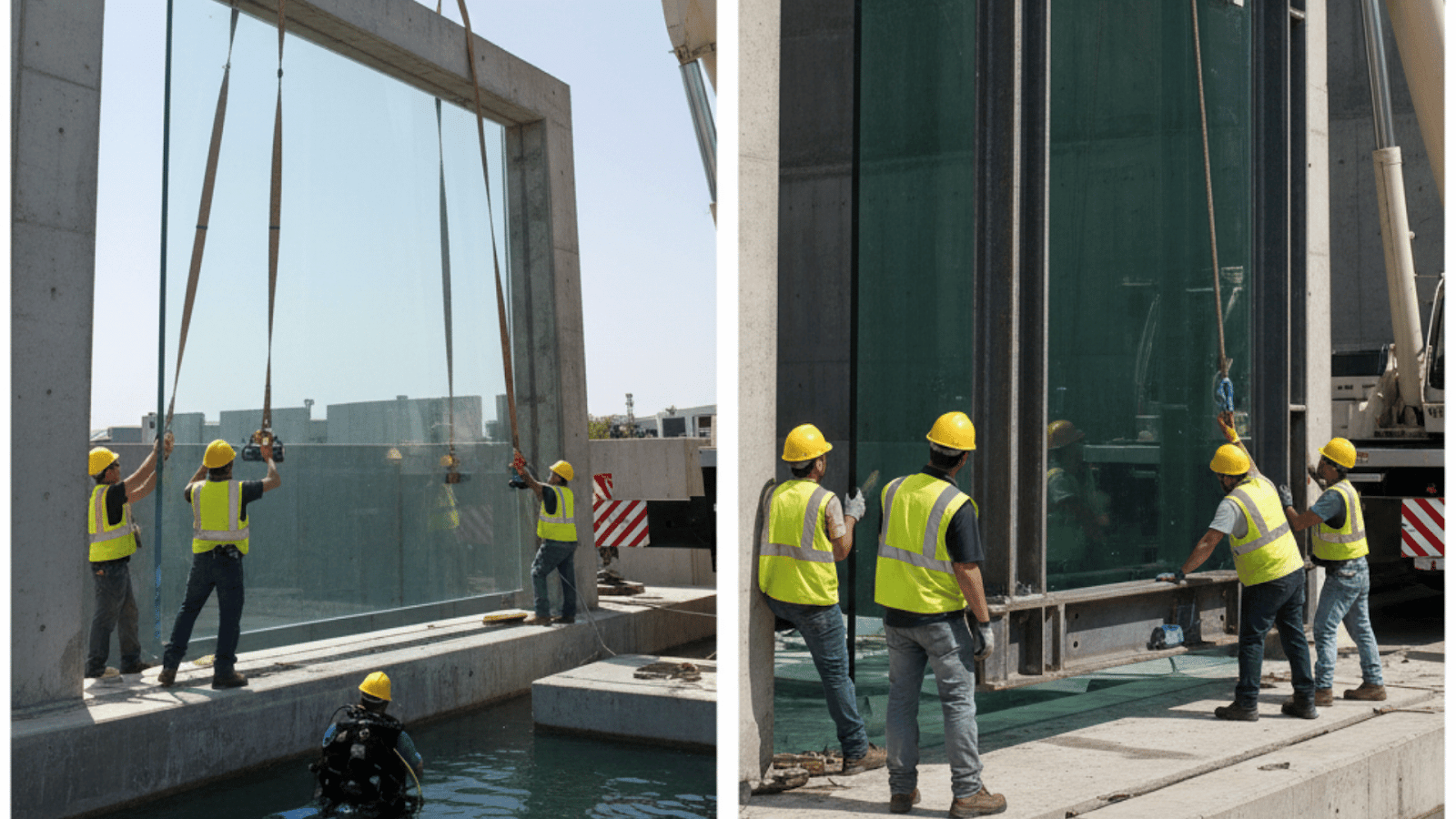 Installation comparison showing lighter acrylic panel handling versus heavier glass panel and framing