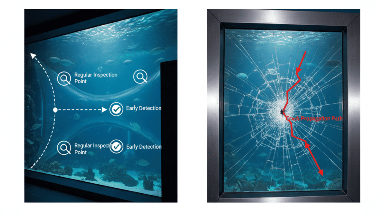 Safety diagram comparing gradual acrylic failure modes to sudden glass breakage in underwater glazing