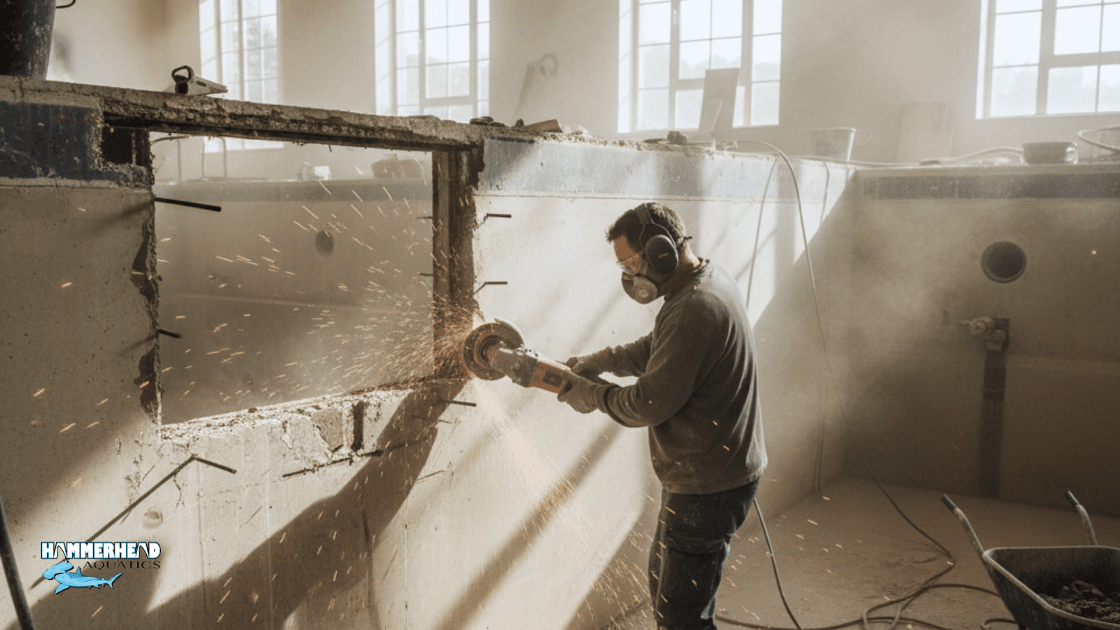 Preparing pool wall opening for underwater window installation.