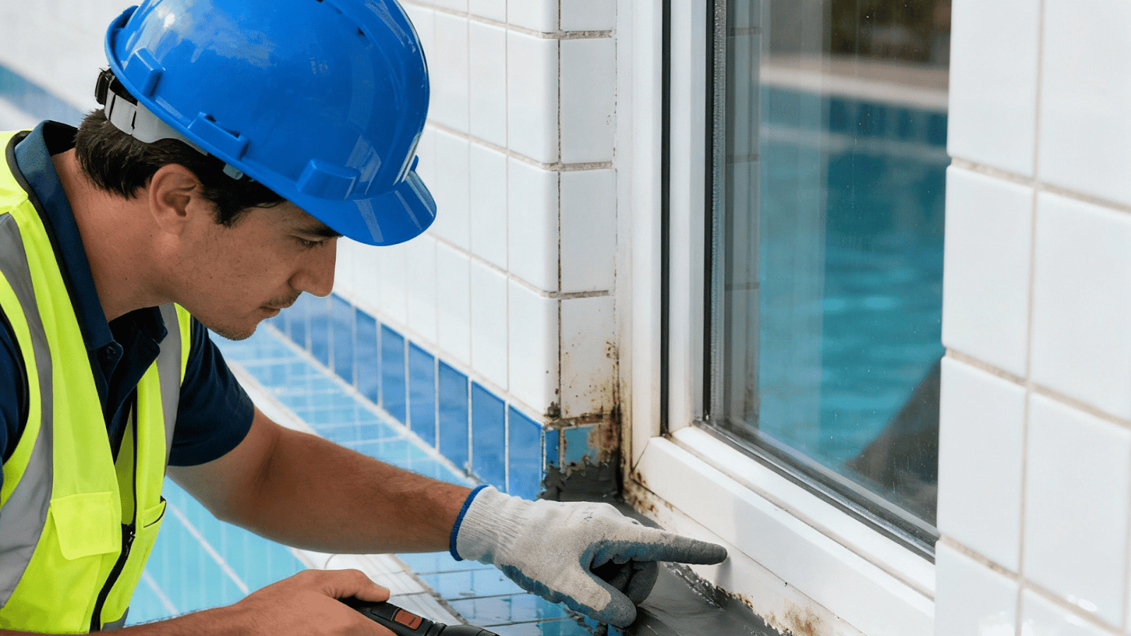 Inspection of waterproof seals during underwater window installation in tiled pool.