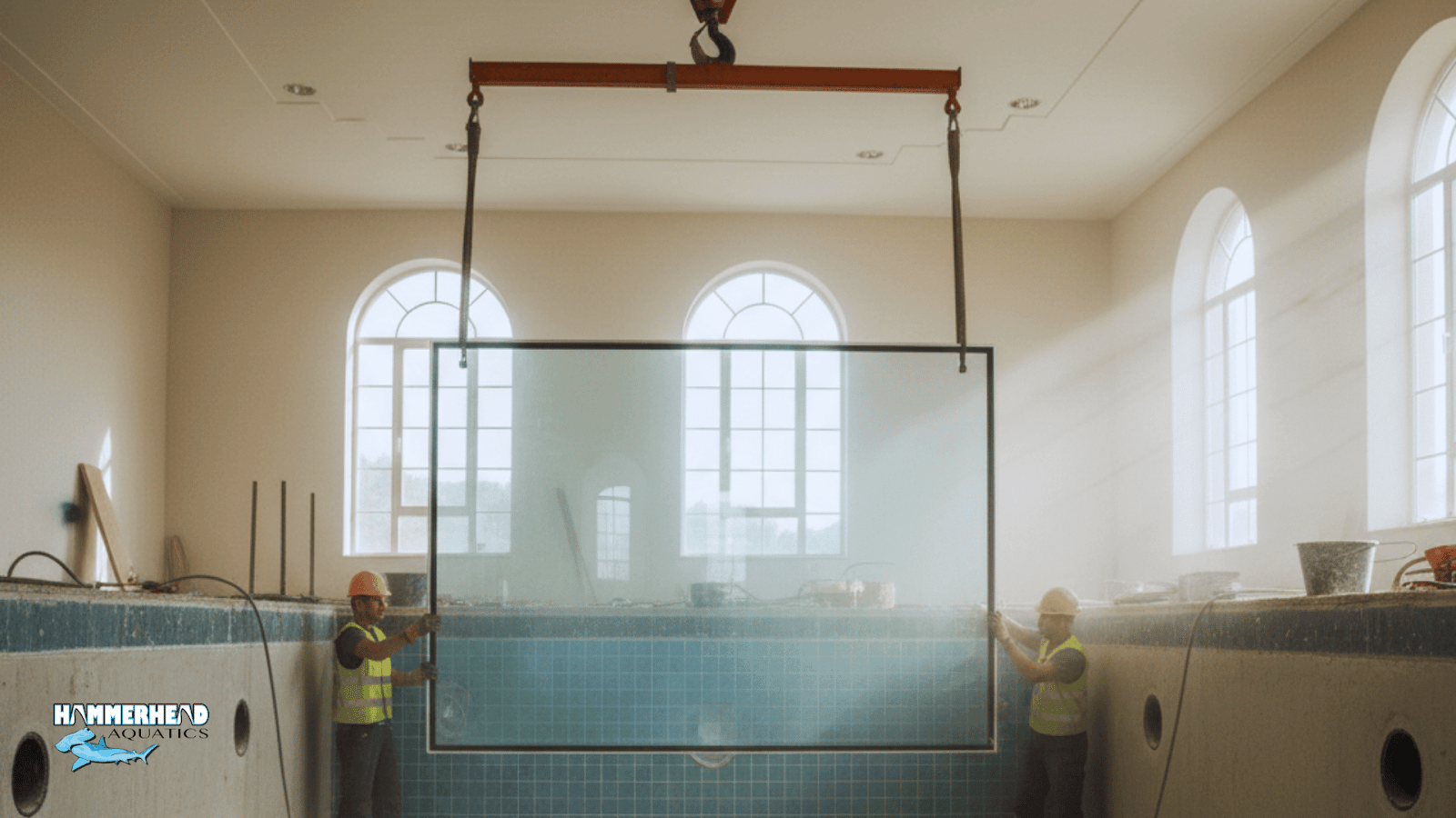 Placing and aligning underwater window panel into tiled pool wall