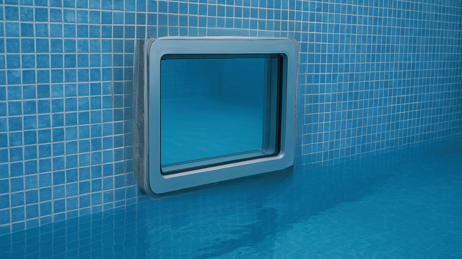 Leak testing an underwater window installation in a tiled pool.