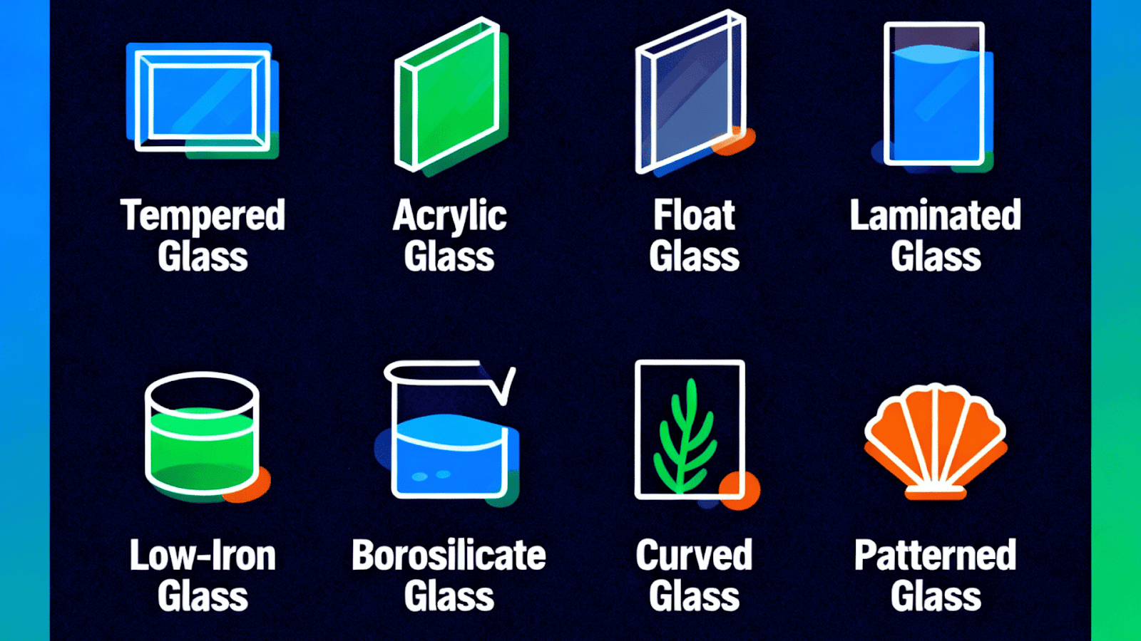Infographic summarizing 8 types of aquarium glass with pros and cons