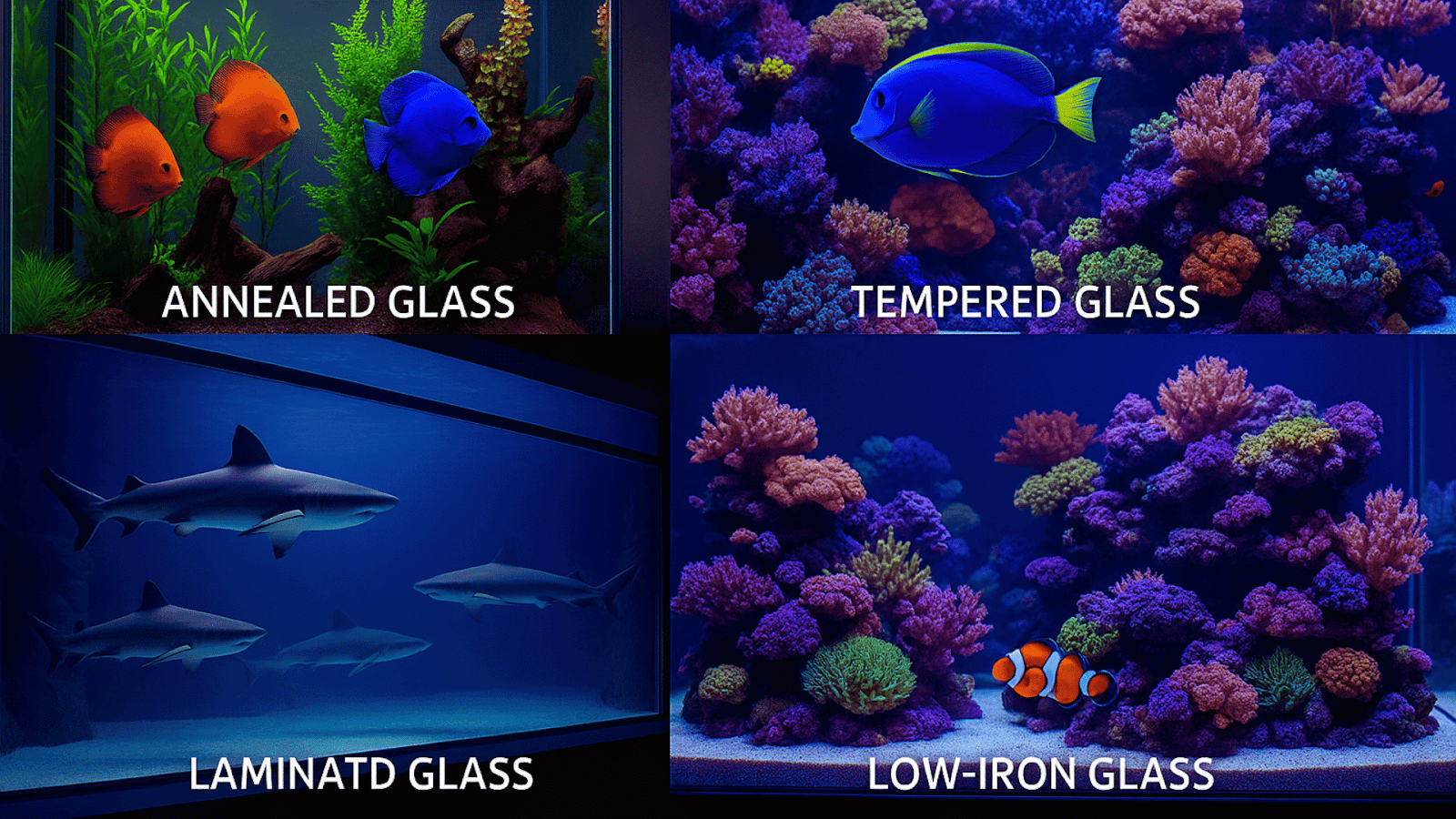 Different aquariums built with annealed, tempered, laminated, and low-iron glass