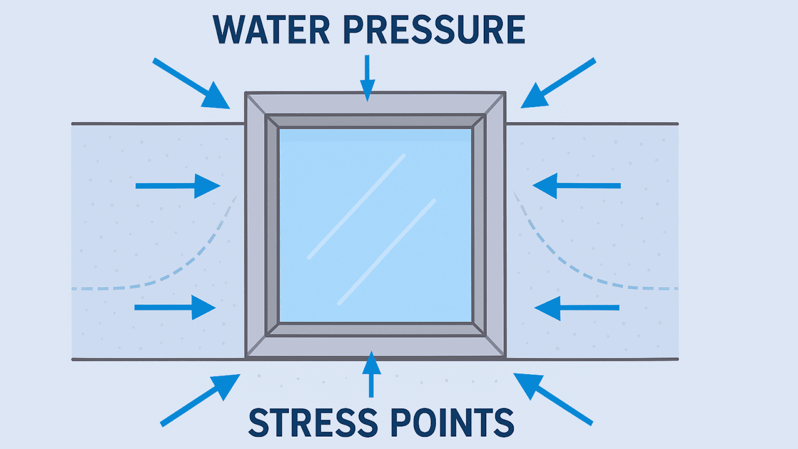 Diagram showing water pressure impact and stress points on an underwater pool window