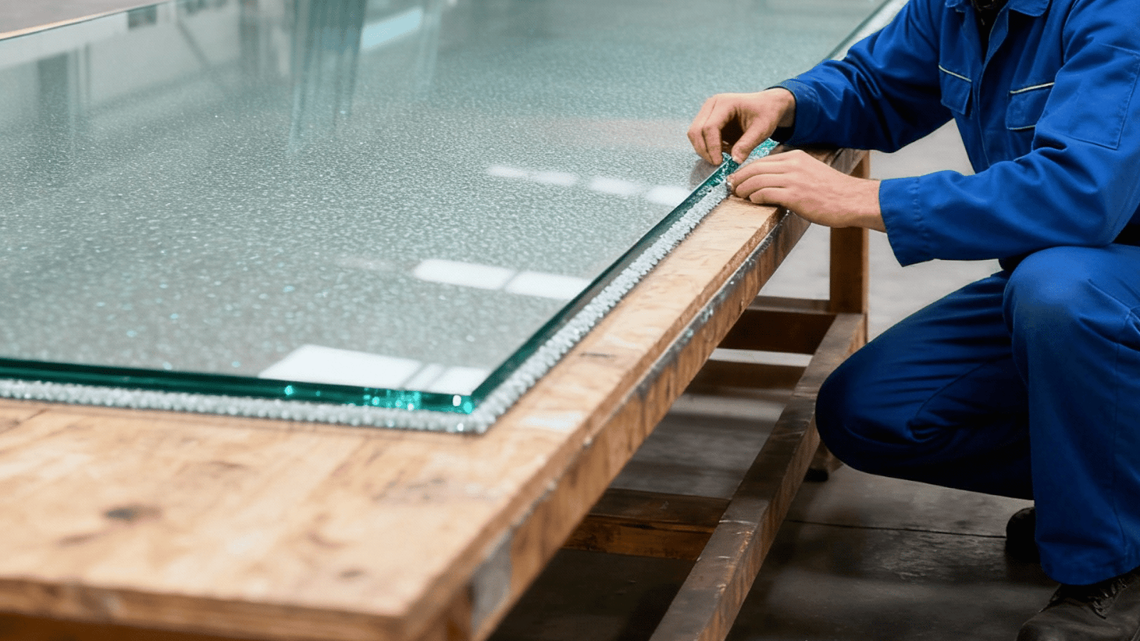 Laminated glass underwater pool window prepared for installation