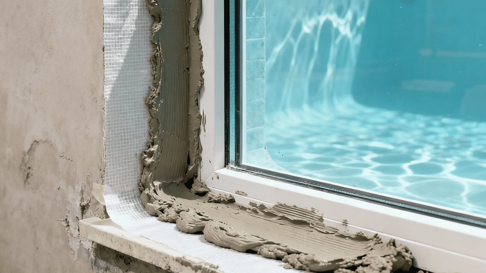 Waterproof membranes and slurry applied around pool window frame