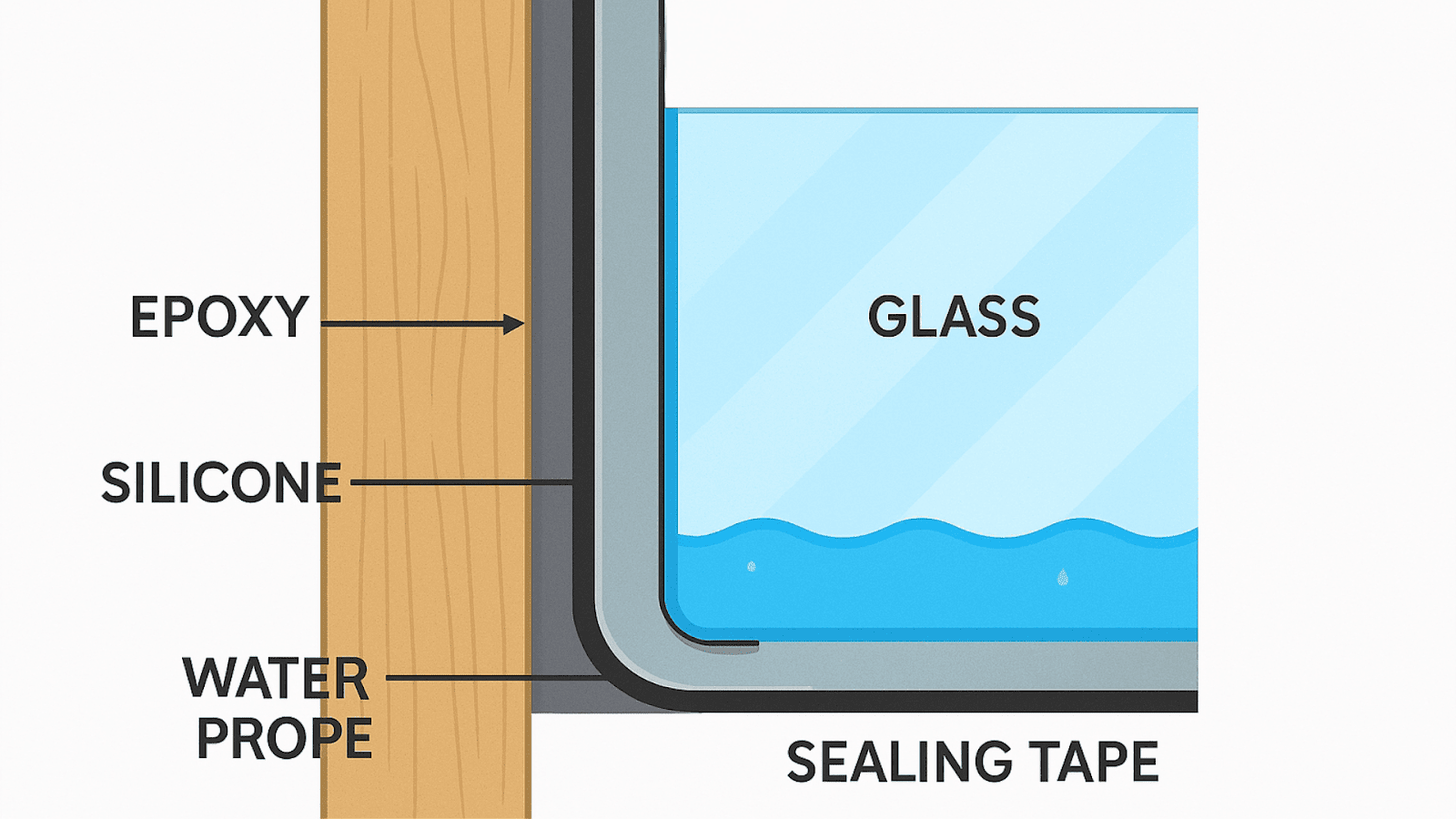 Diagram showing waterproof sealing between plywood and glass in an aquarium wall