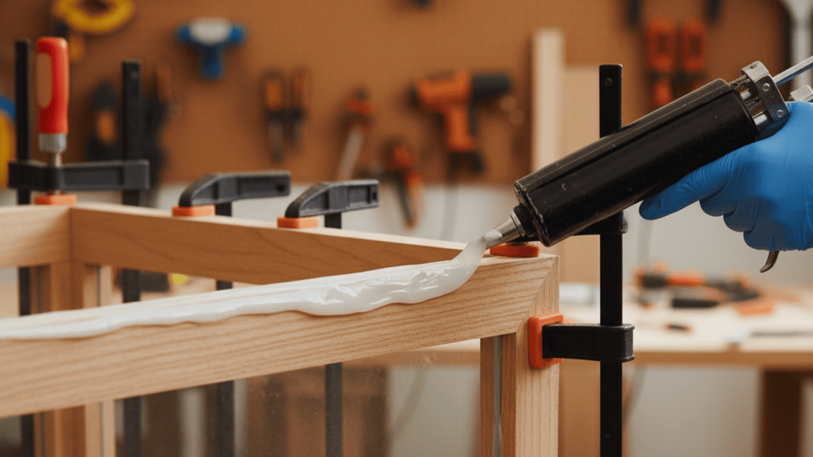 Applying secondary silicone bead for waterproofing glass in plywood aquarium