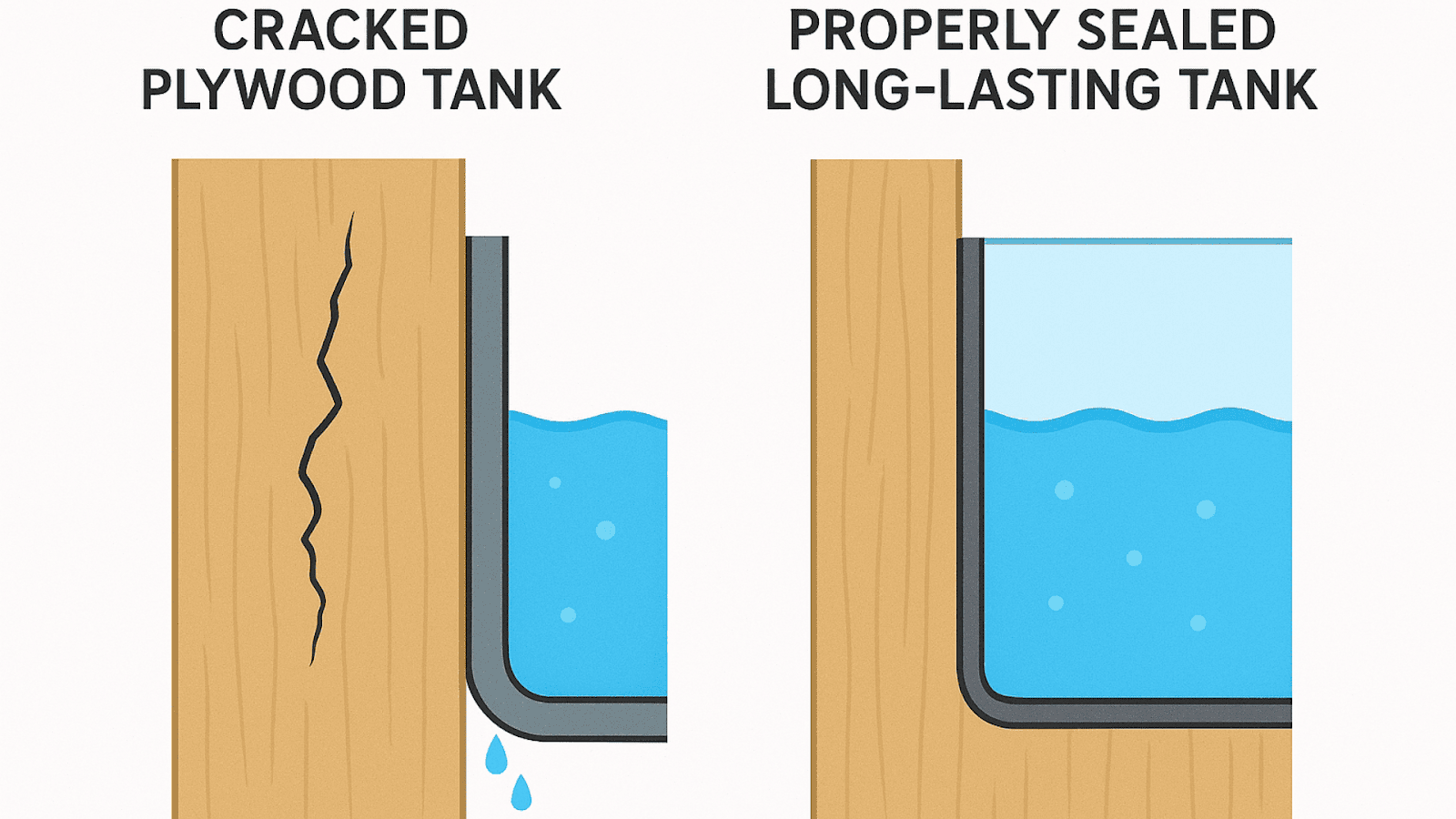 Comparison of failed plywood aquarium vs professionally waterproofed aquarium.