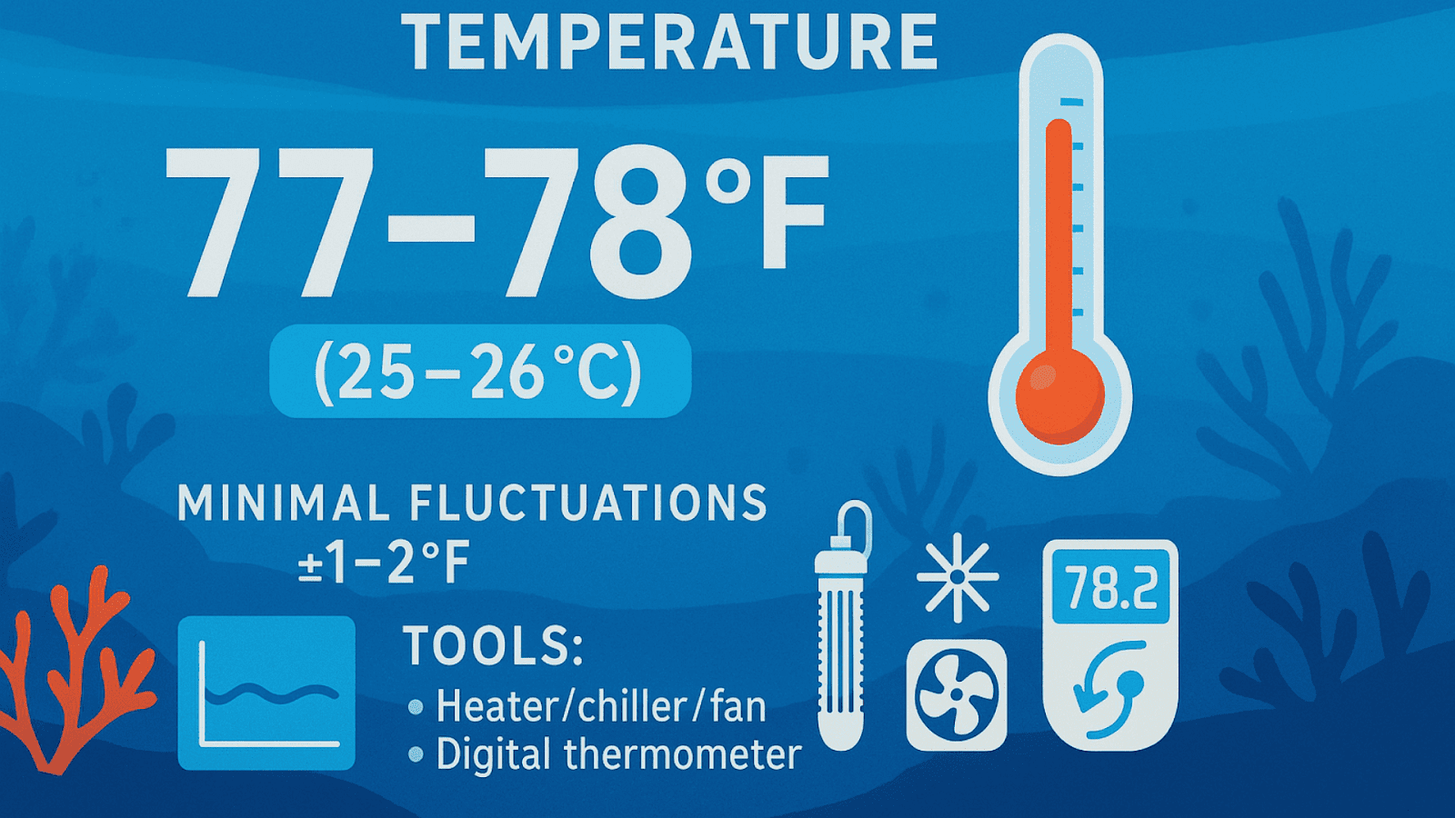 Infographic of key takeaways for ideal saltwater aquarium temperature