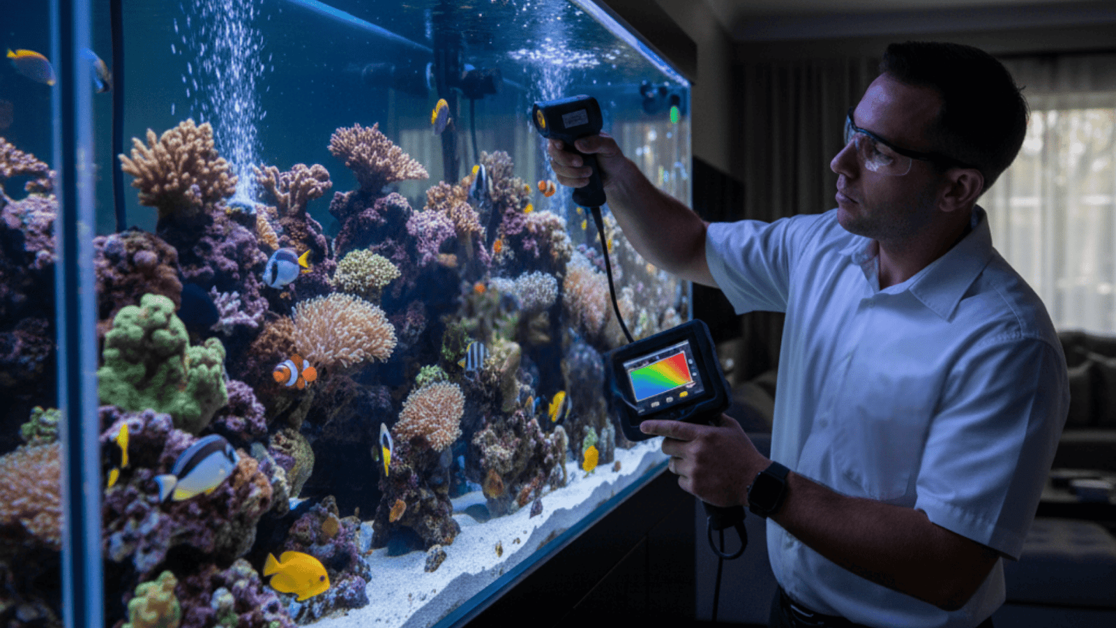 Professional inspecting large aquarium glass for temperature stability and circulation