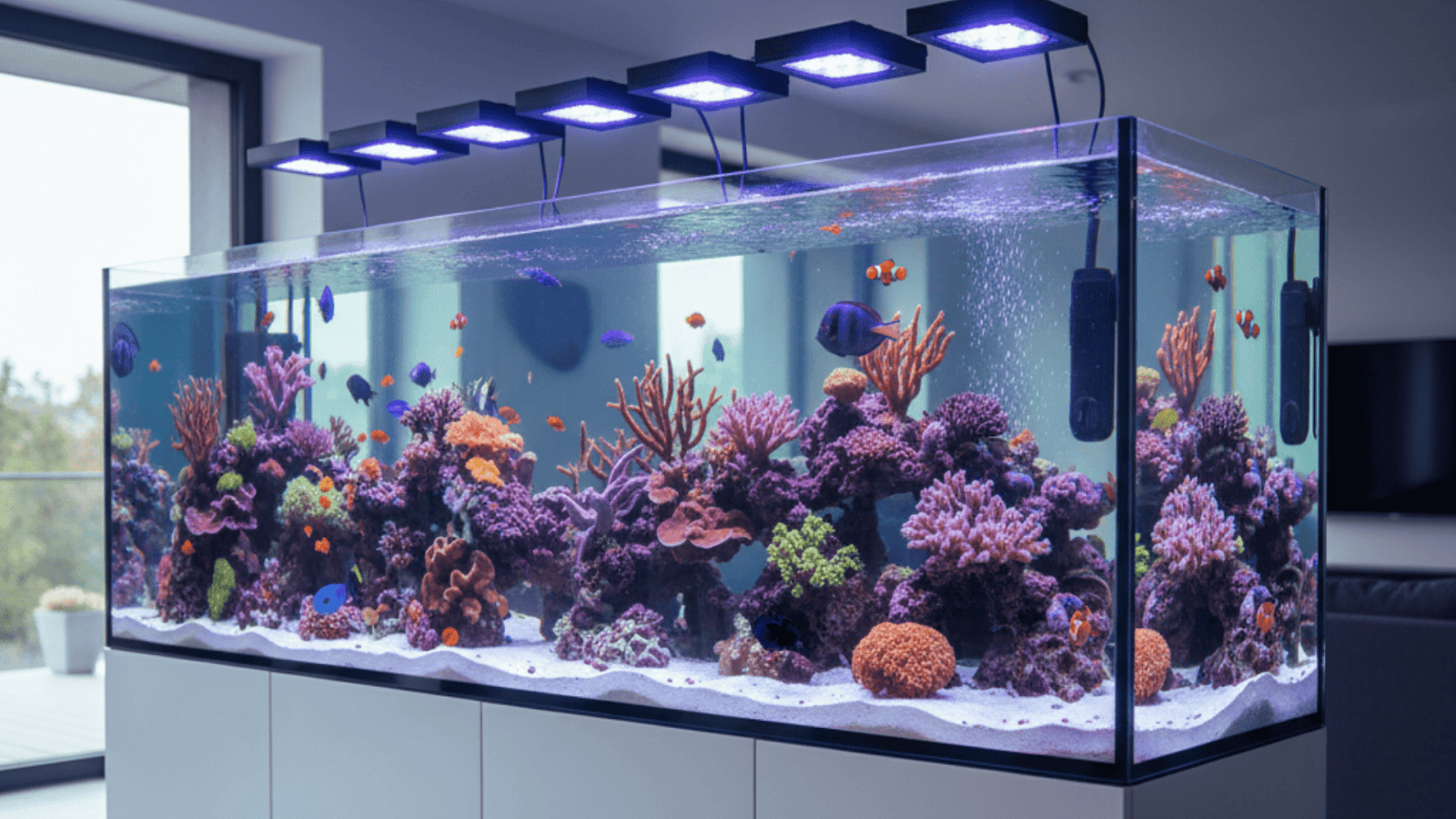 Stable saltwater aquarium environment with thriving corals and fish
