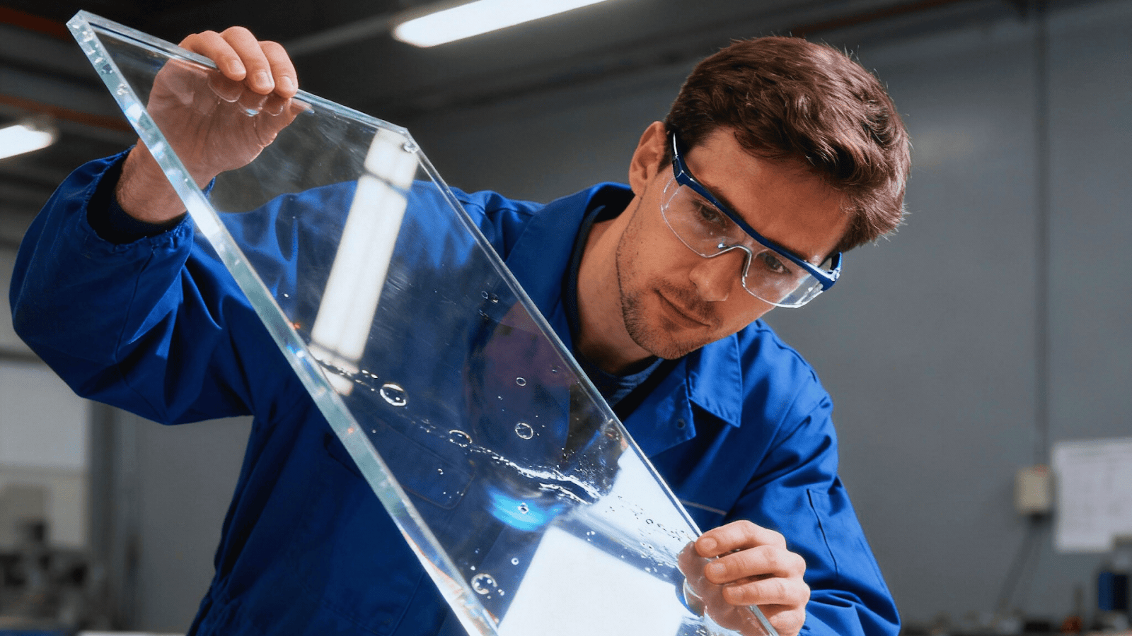 Engineer inspecting a large acrylic panel for optical distortion and bonding bubbles