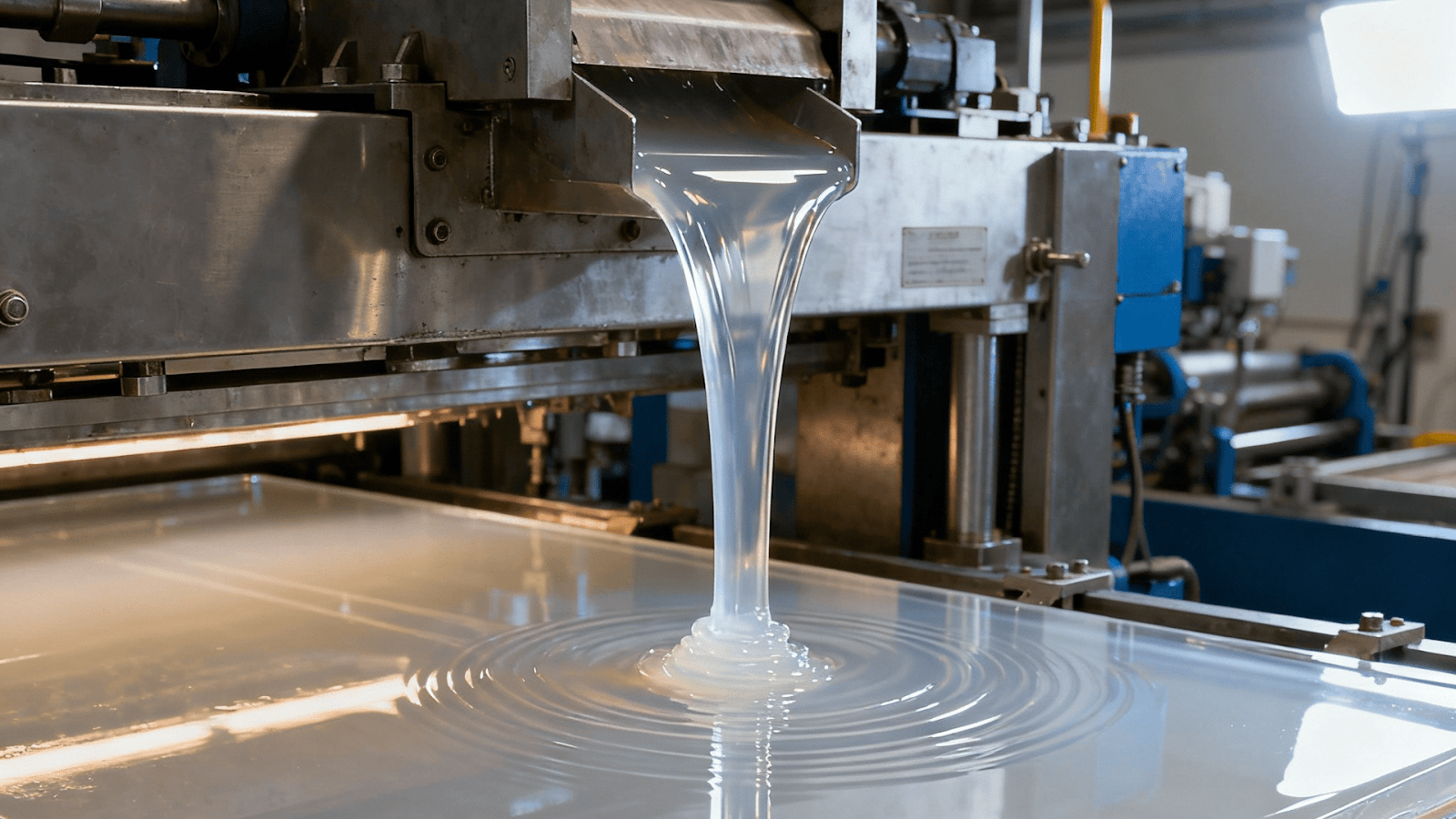 Molten acrylic being cast into large flat sheets for aquarium windows.