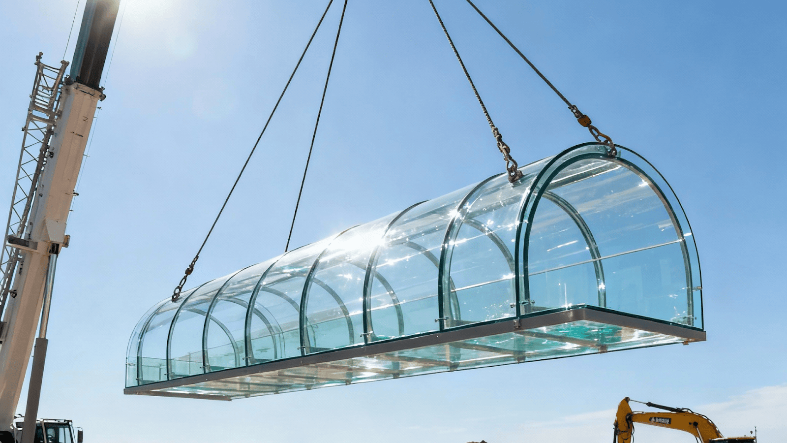 Heavy acrylic aquarium tunnel section being transported and craned into place.