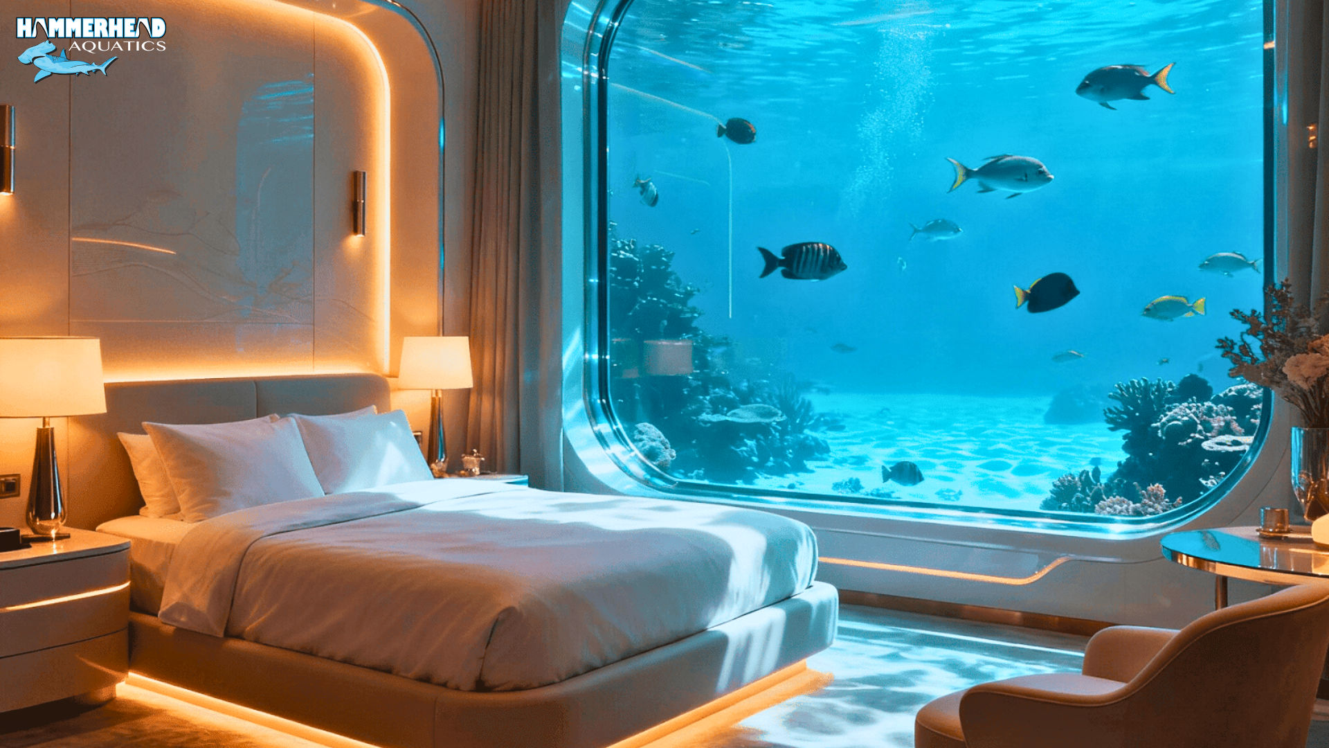 Luxury underwater hotel suite featuring a panoramic private aquarium window with tropical fish