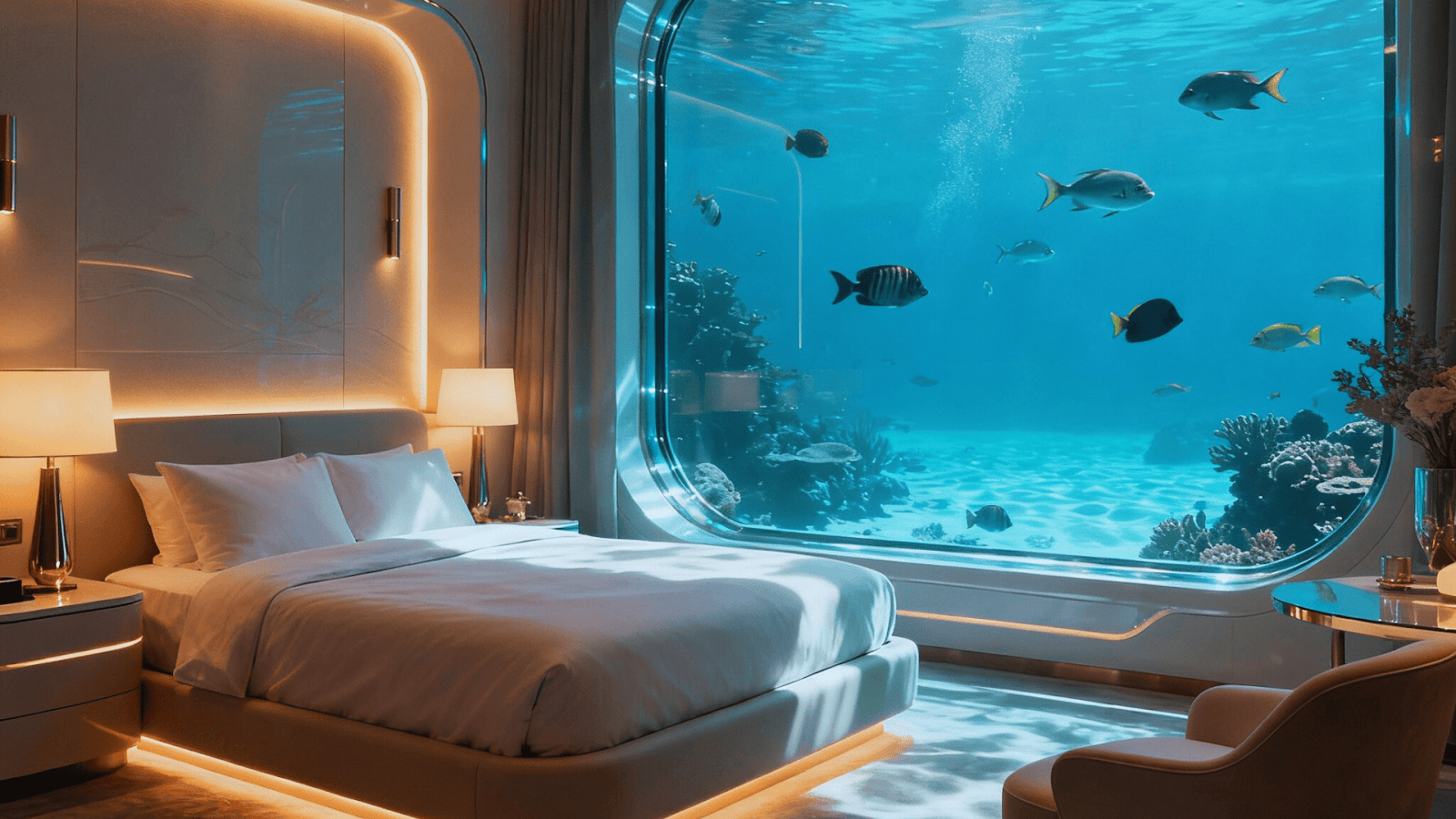 Luxury underwater hotel suite featuring a panoramic private aquarium window with tropical fish