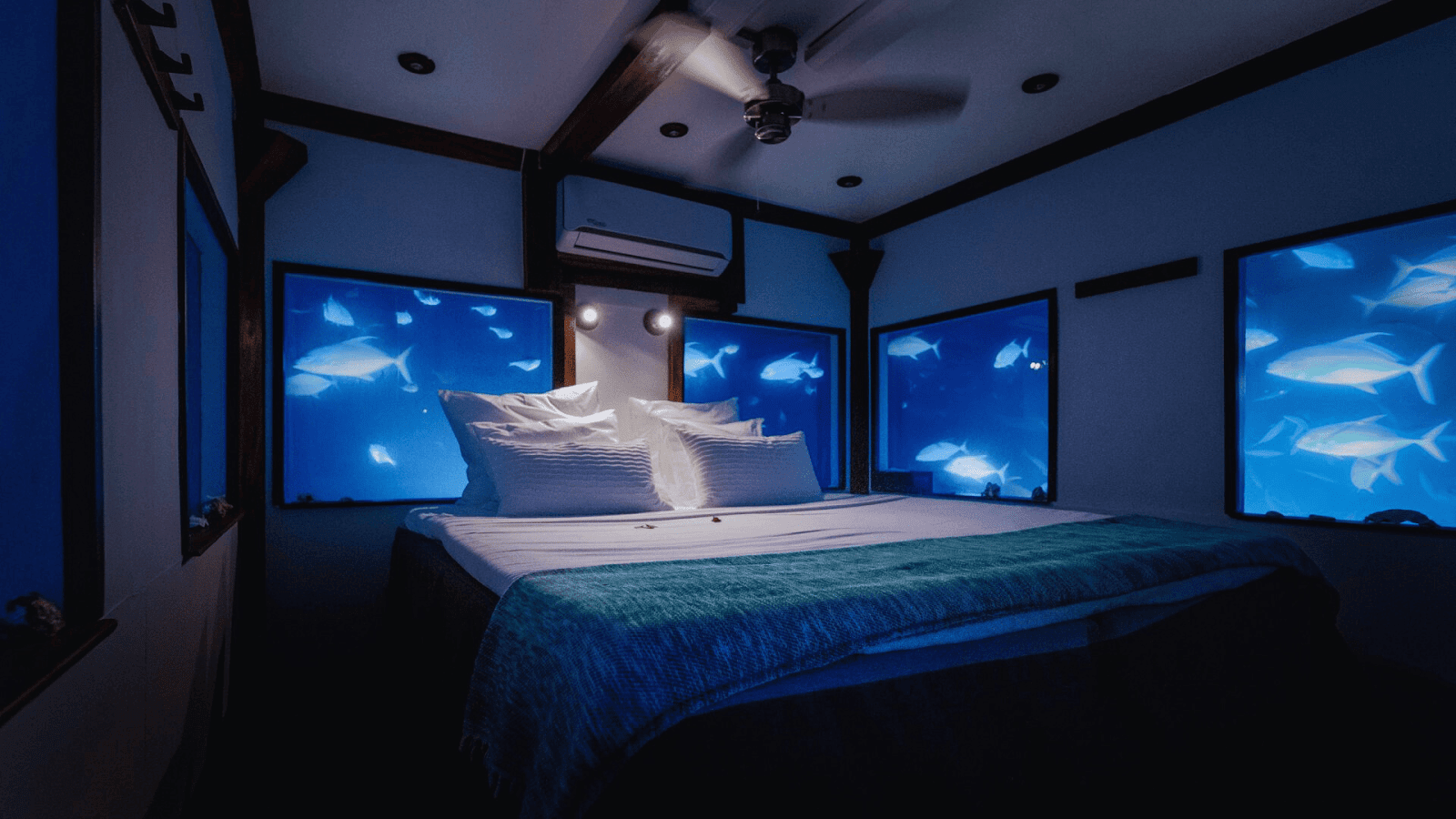 The Manta Resort underwater room offering panoramic marine views in Pemba Island.