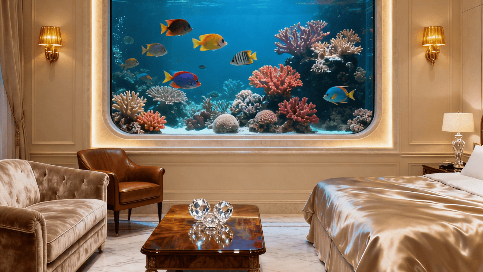 Luxury suite at Beverly Hills Plaza Hotel featuring a custom in-room aquarium window.