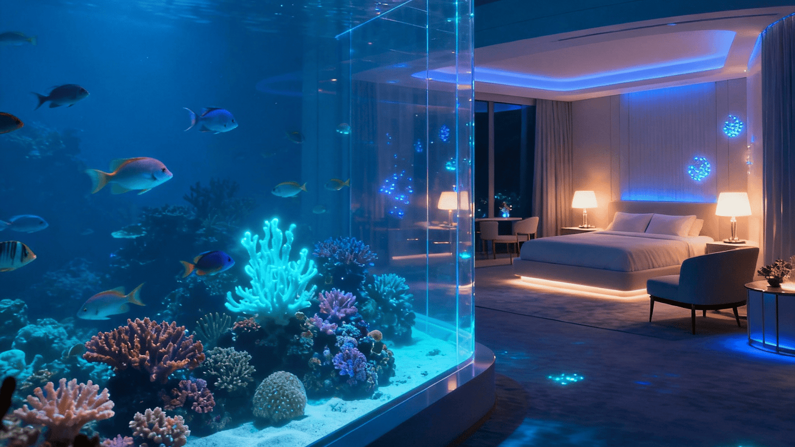 Peaceful night view from a luxury  suite surrounded by marine life