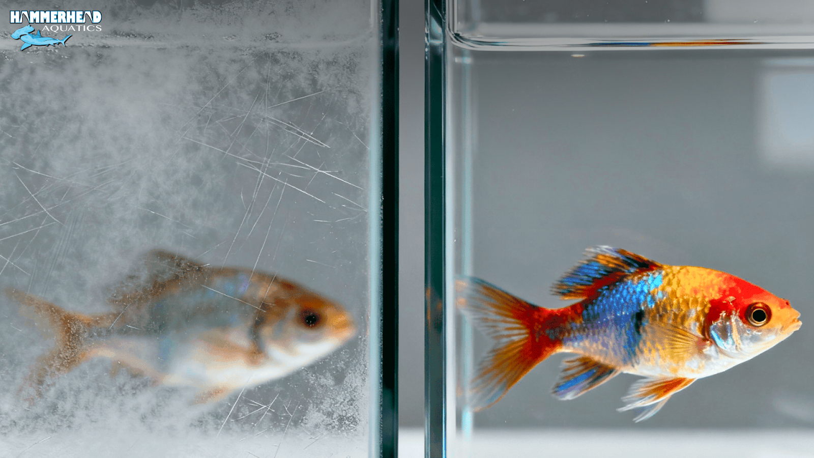 Before and after comparison of aquarium glass polished with cerium oxide restoring clarity