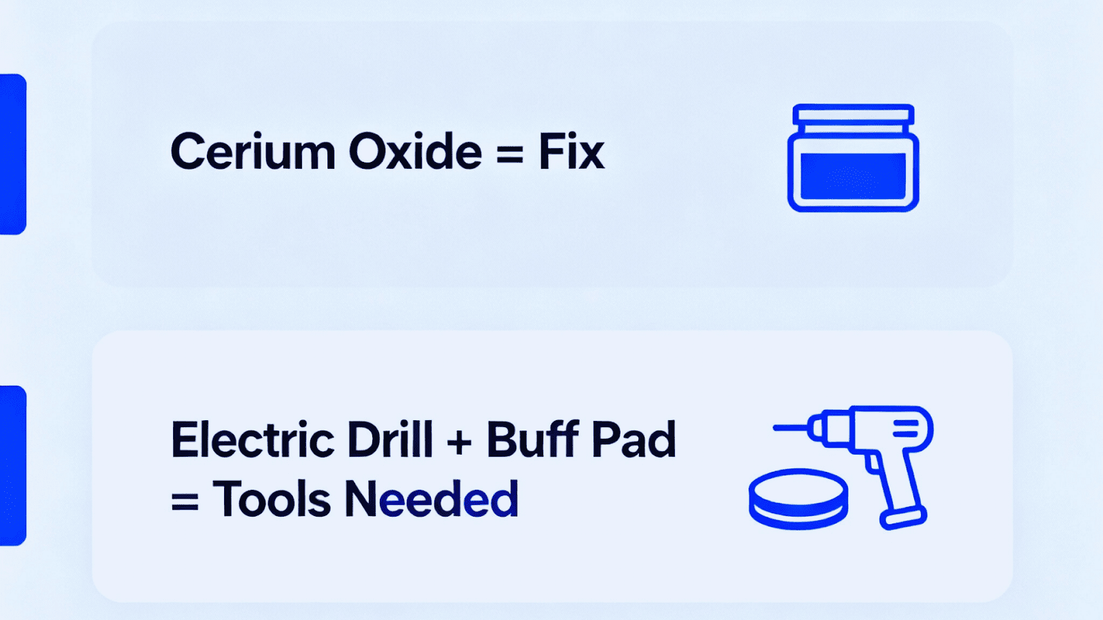 Infographic summarizing quick takeaways for fixing foggy aquarium glass using cerium oxide