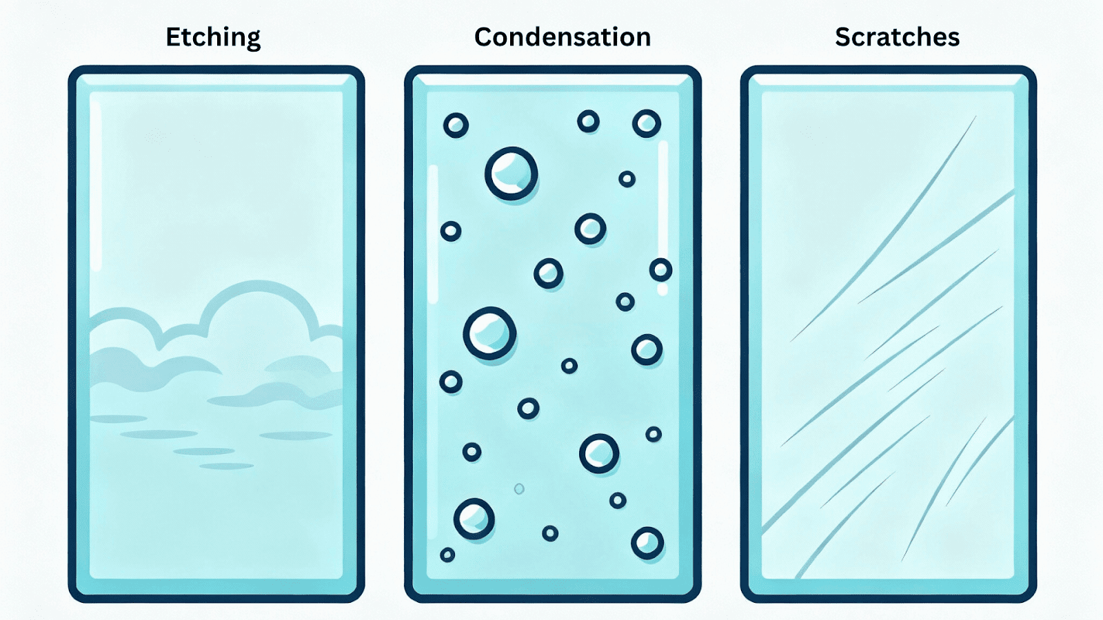Comparison of aquarium glass affected by hard water etching, condensation, and scratches
