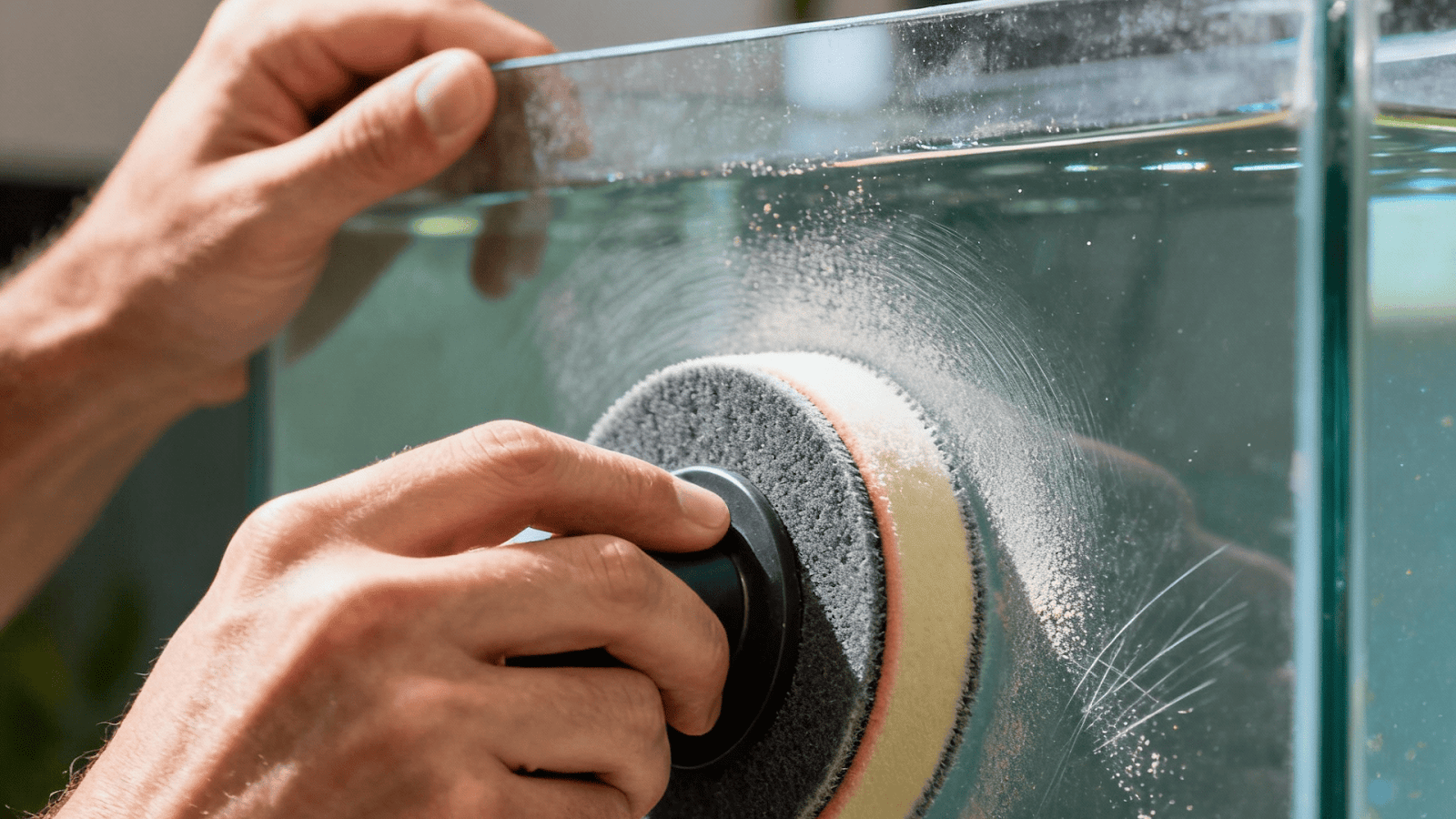 Removing light scratches from aquarium glass using cerium oxide polishing