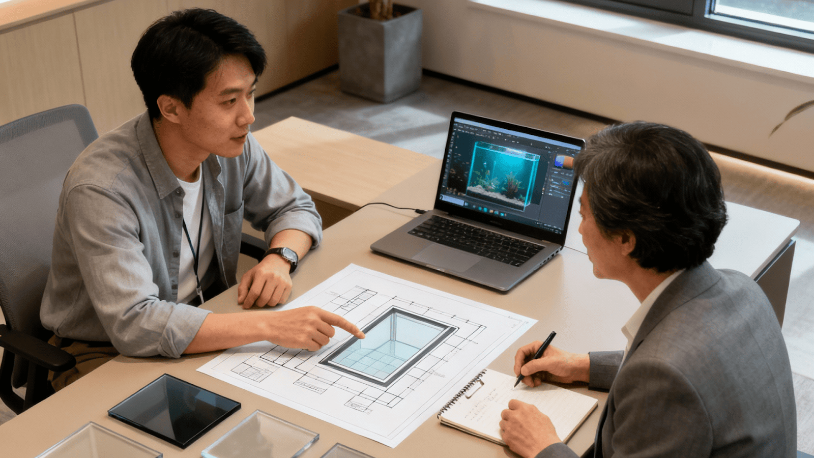 Aquarium window design expert consulting client about custom glass and maintenance.