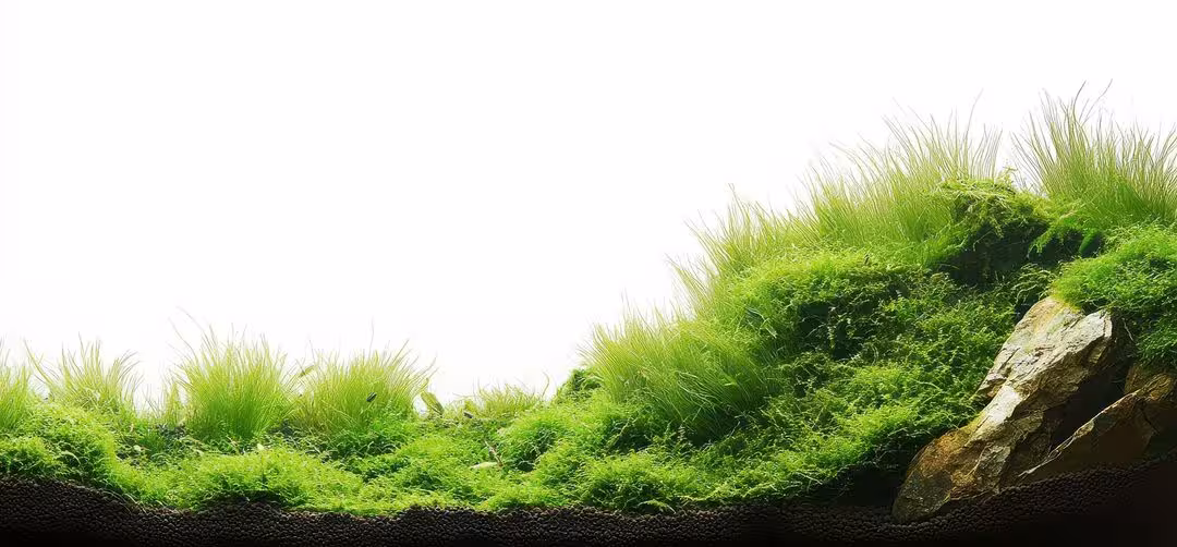 A Nature Aquarium-style aquascape with a lush, sloping carpet of vibrant green plants like Monte Carlo and hairgrass, mimicking a natural hillside. A single textured stone anchors the right side, partially buried in aquasoil substrate. The background is bright white, emphasizing the clean, minimalist, and organic design of the layout.