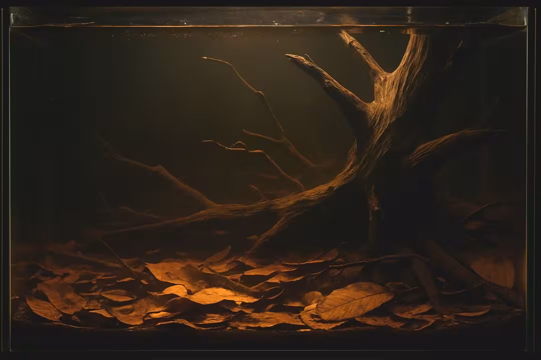 A dimly lit blackwater aquarium with a large central driftwood root system extending diagonally. The substrate is covered in brown dried leaves, simulating a forest stream bed. Water appears tinted with tannins, creating a natural, murky ambiance. No visible plants or fish, emphasizing authenticity and realism.