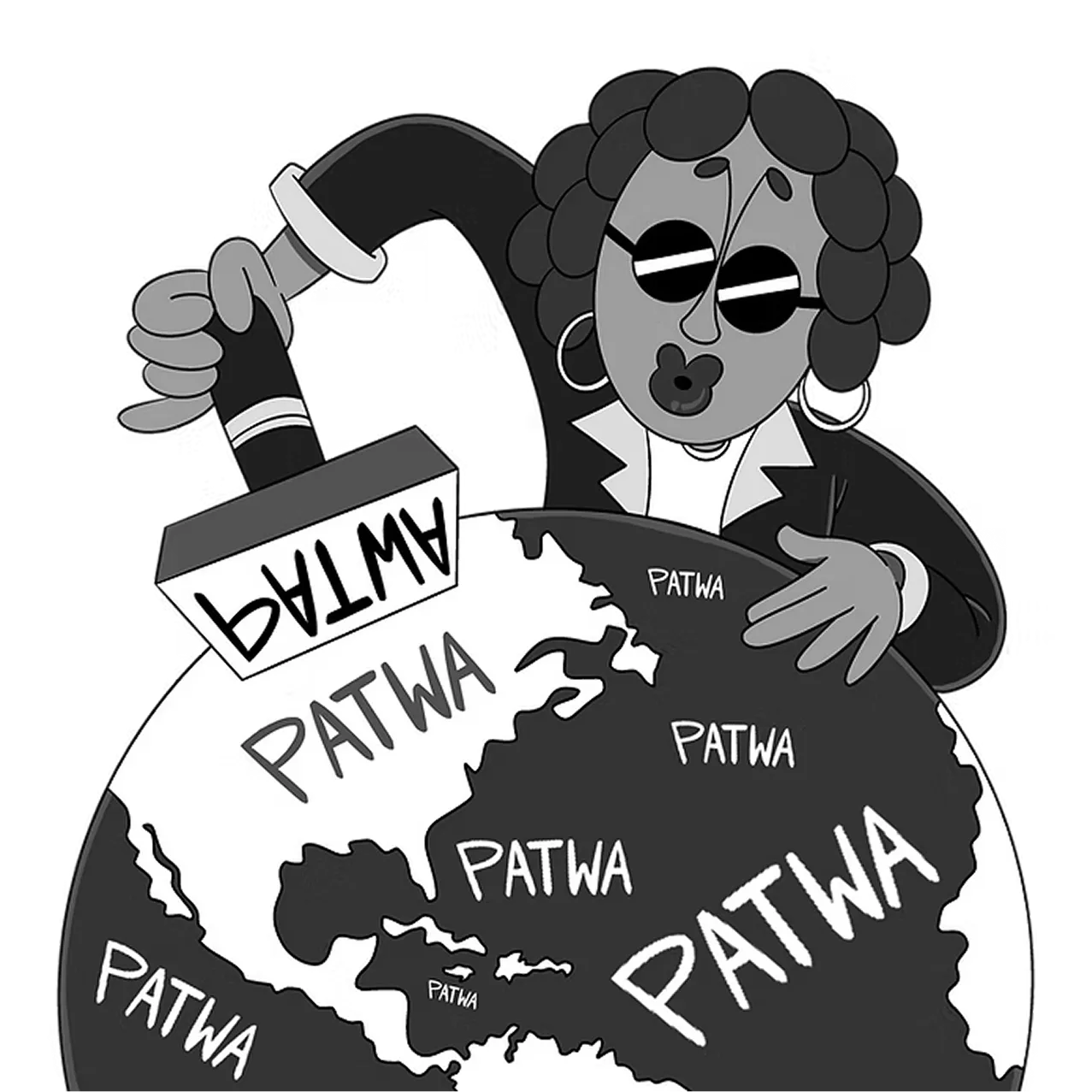Cartoon figure stamping the word 'PATWA' repeatedly across a globe.