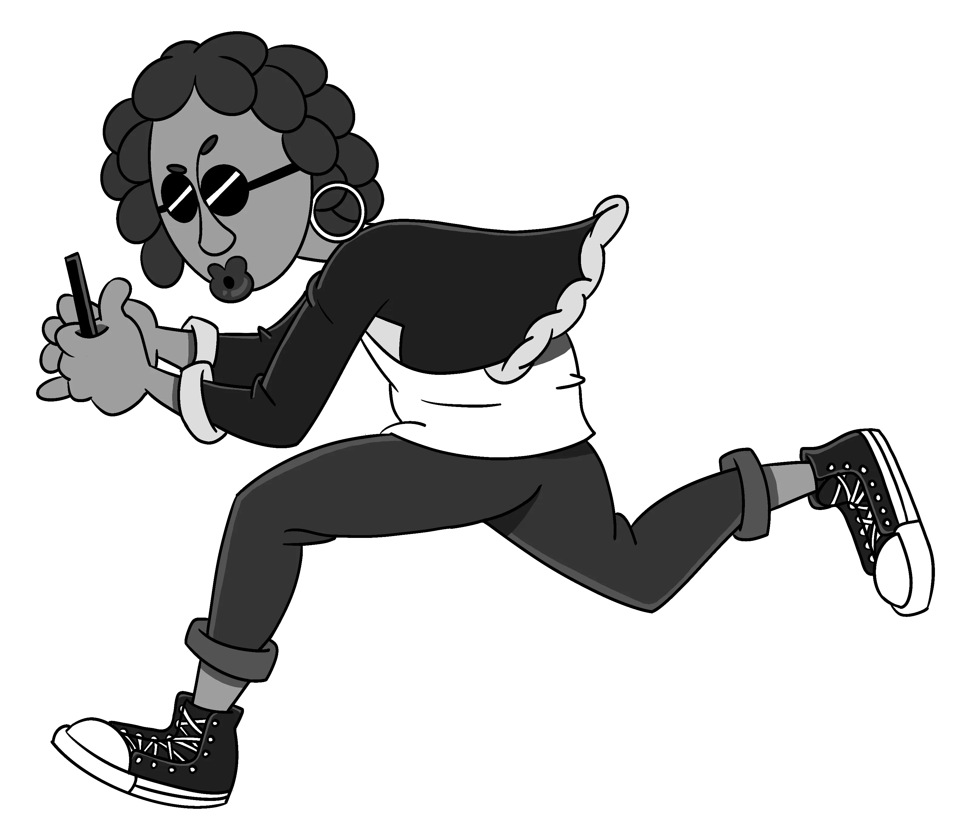Cartoon person with curly hair, sunglasses, hoop earrings, and black high-top sneakers running and holding a phone.