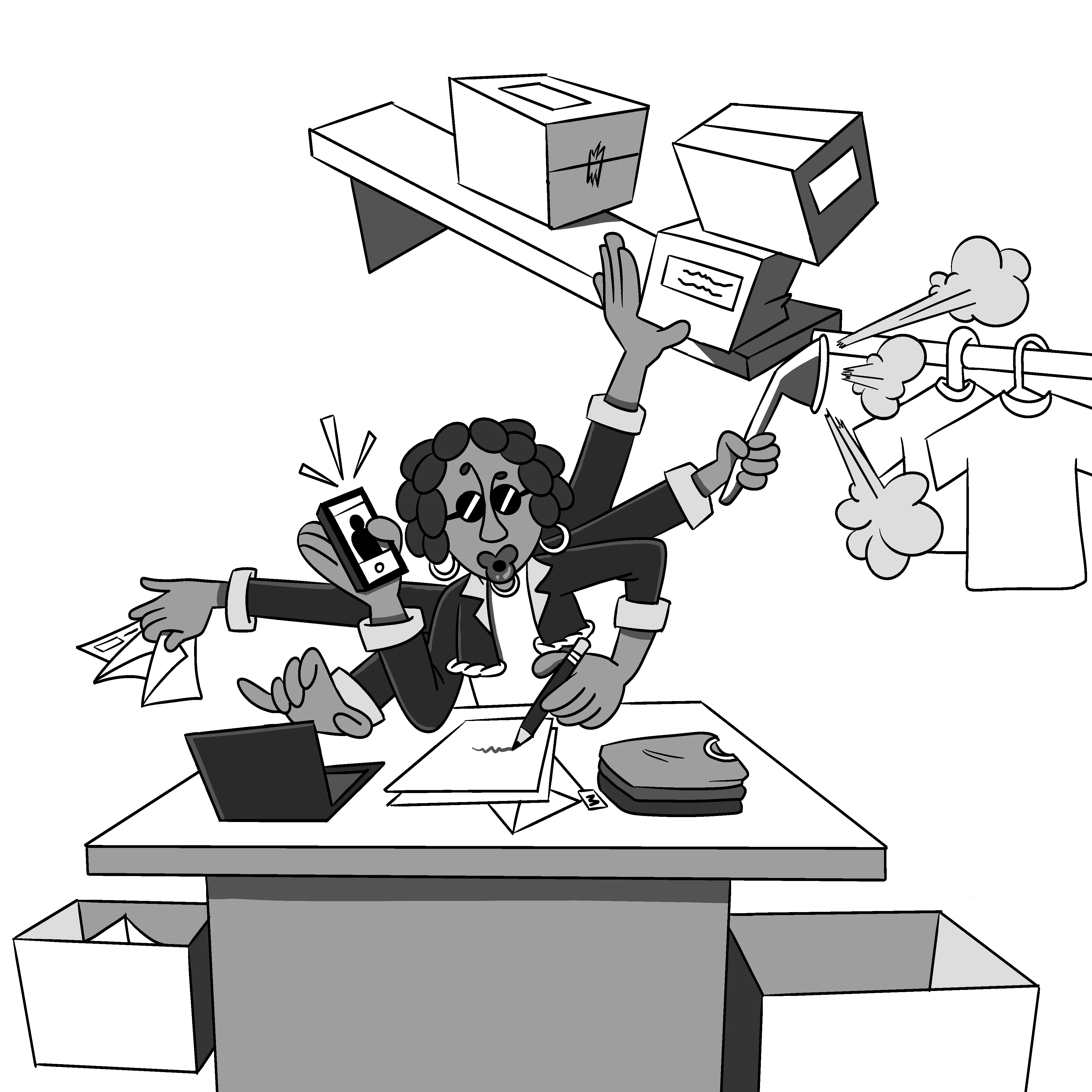 Illustration of a multitasking person with six arms handling work documents, phone calls, steaming clothes, and organizing packages at a desk.