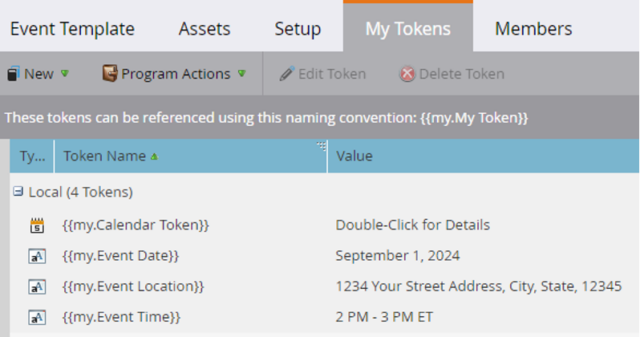 Screenshot of the My Tokens tab in Marketo, showing four tokens: Calendar Token, Event Date, Event Location, and Event Time, with corresponding values such as